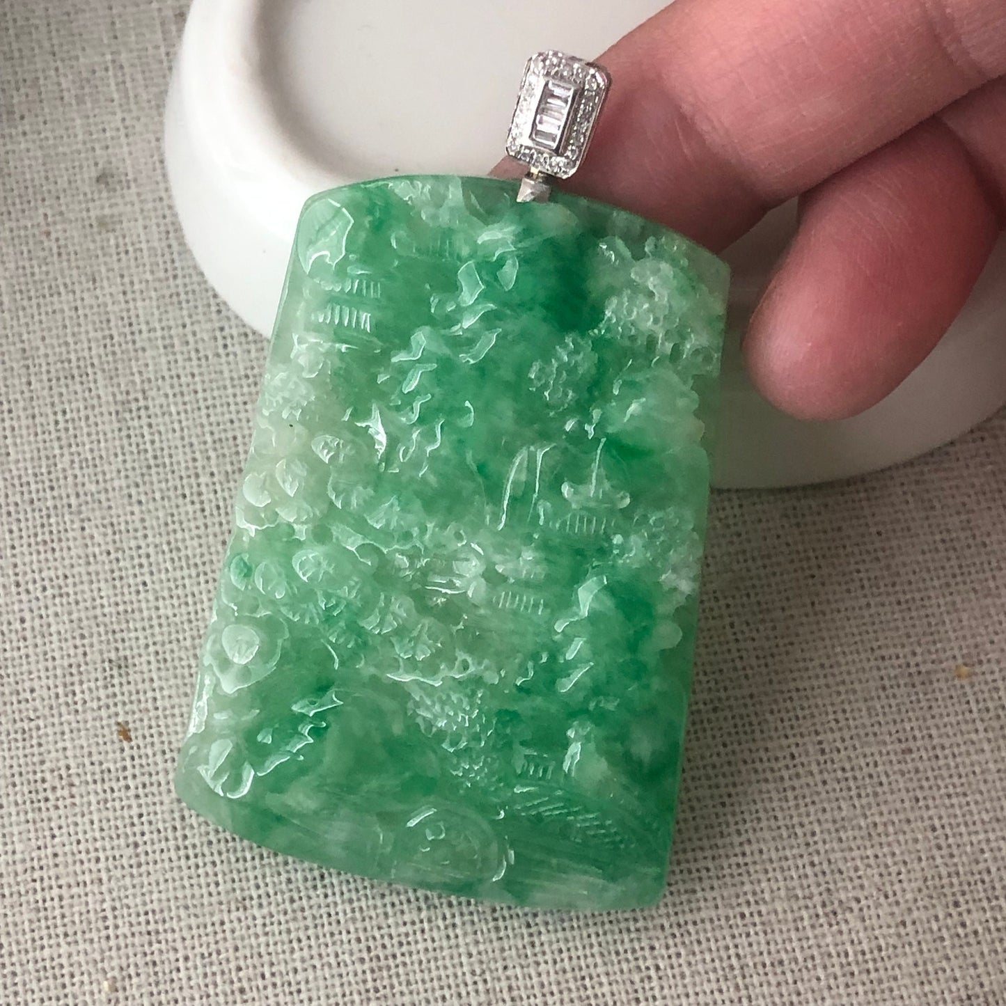 18K 50mm Green Jadeite Jade Carved Landscape Trees Mountain Pendant Diamond Bail