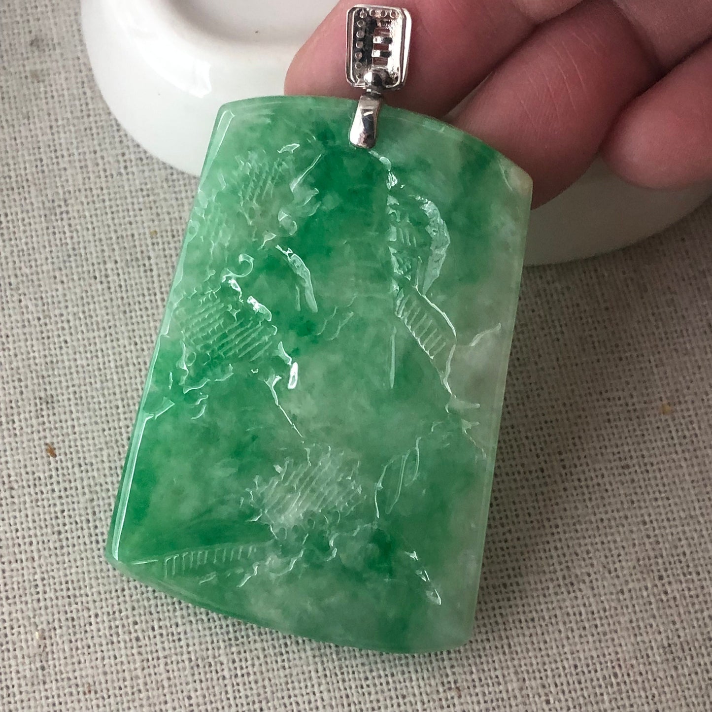 18K 50mm Green Jadeite Jade Carved Landscape Trees Mountain Pendant Diamond Bail