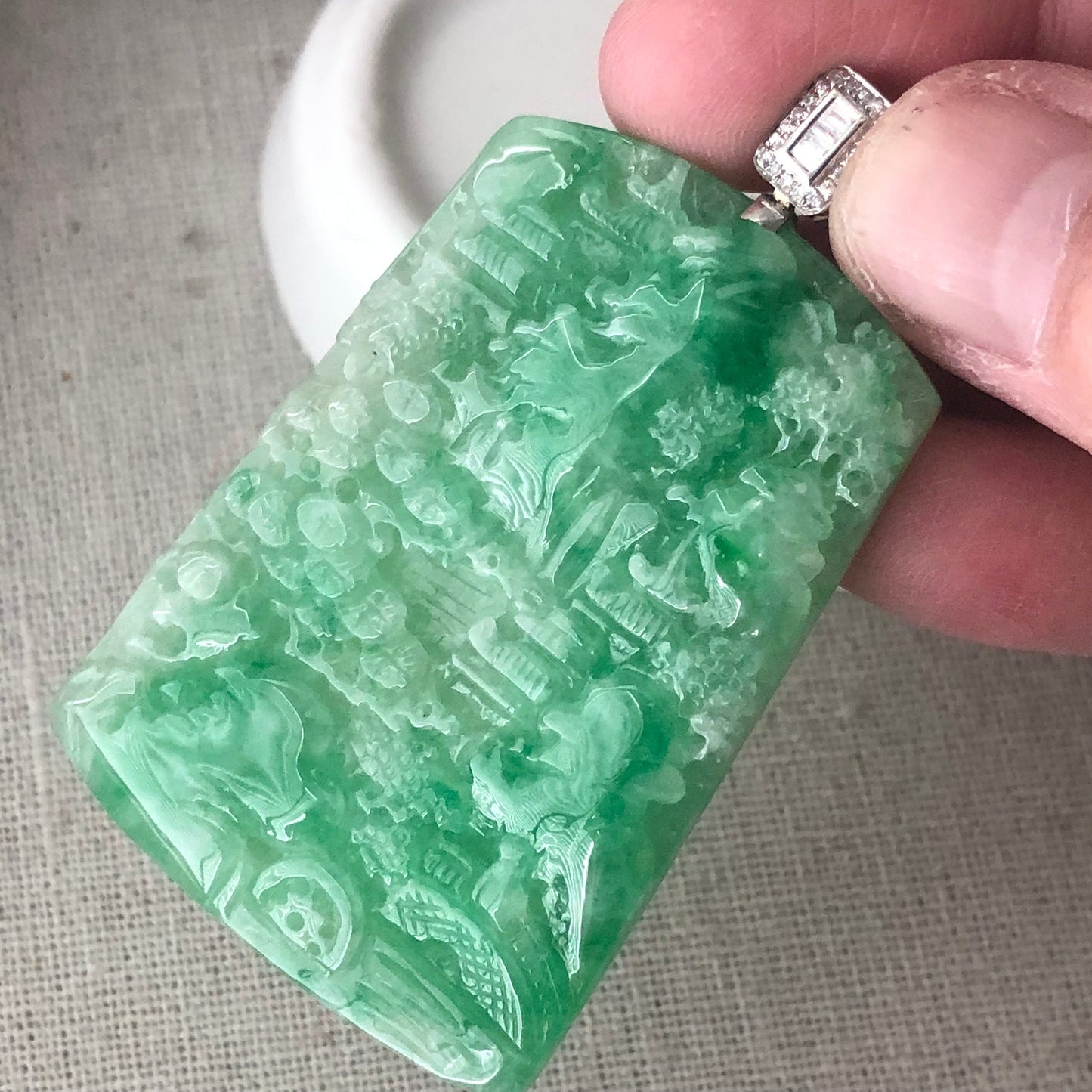 18K 50mm Green Jadeite Jade Carved Landscape Trees Mountain Pendant Diamond Bail