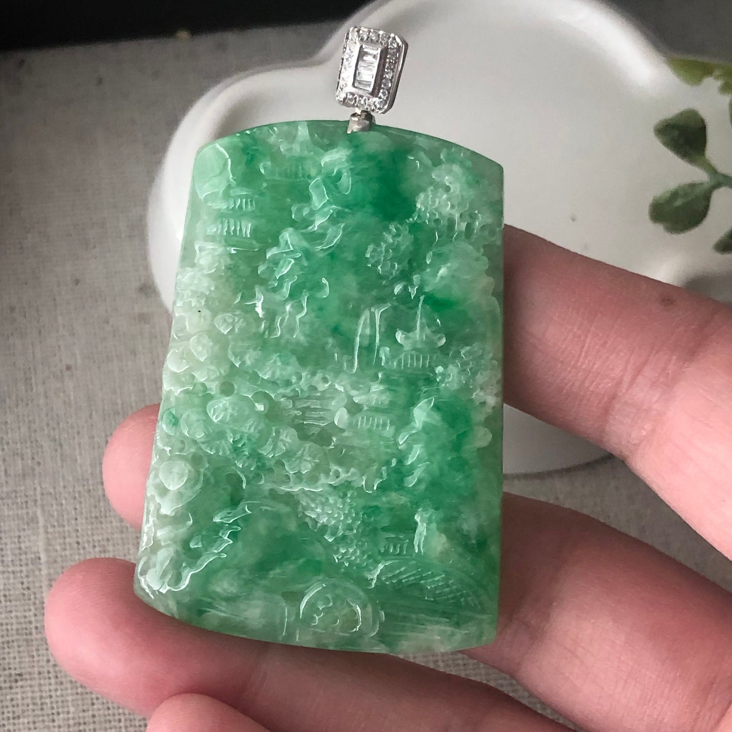 18K 50mm Green Jadeite Jade Carved Landscape Trees Mountain Pendant Diamond Bail
