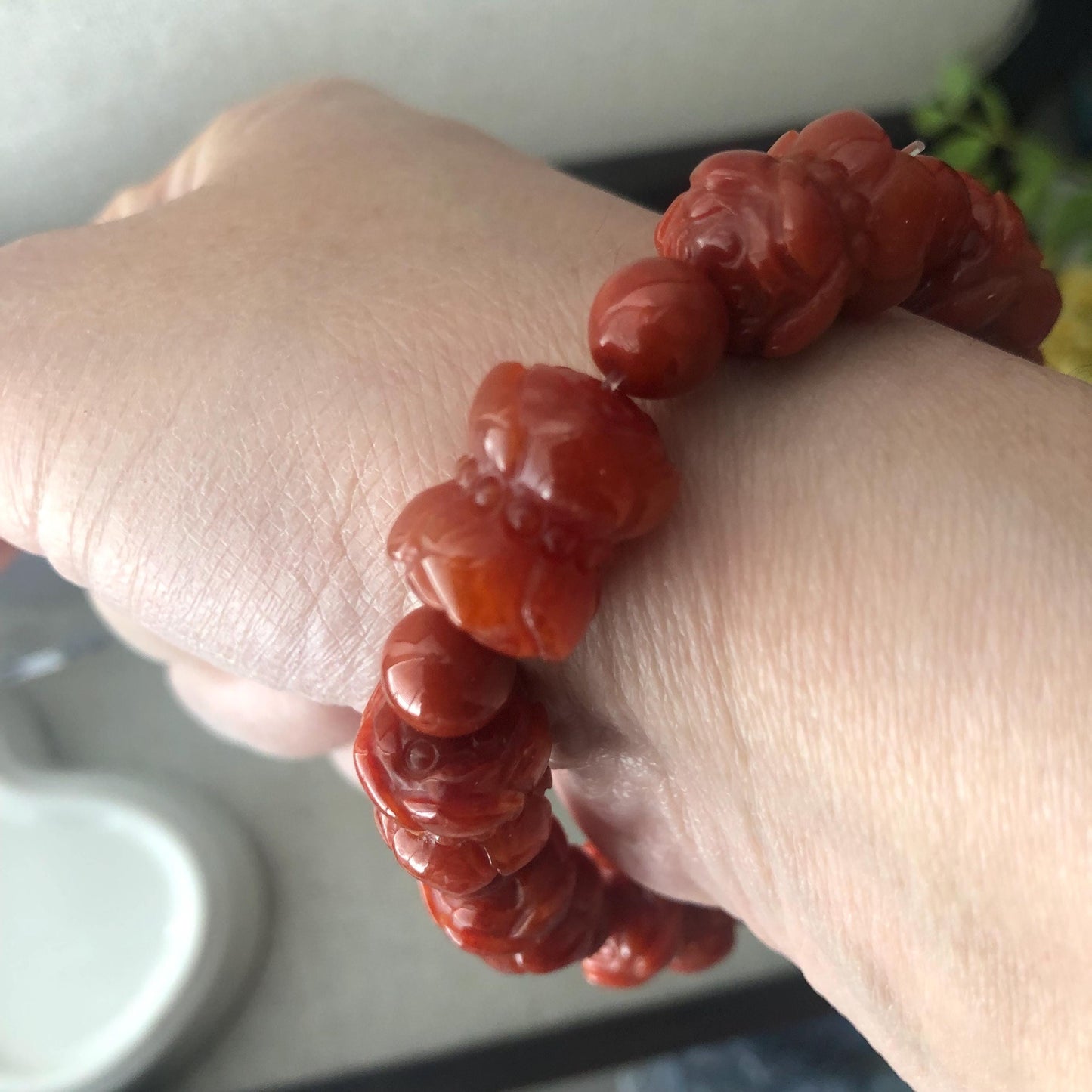 13.6mm Red Brown Glossy Carved Dual Flower Buds Jadeite Jade Bead Bracelet