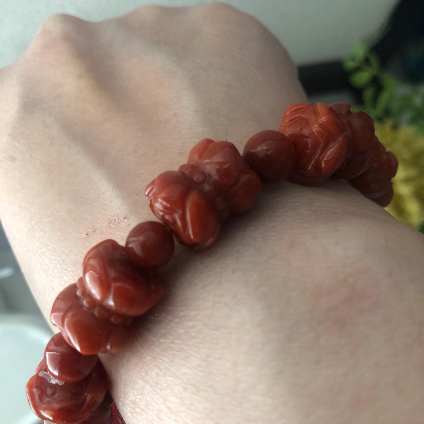 13.6mm Red Brown Glossy Carved Dual Flower Buds Jadeite Jade Bead Bracelet