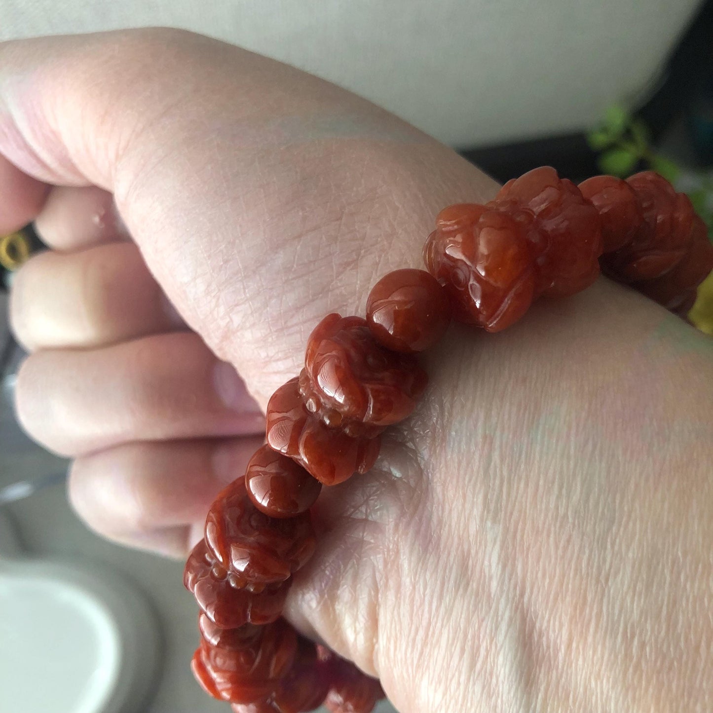 13.6mm Red Brown Glossy Carved Dual Flower Buds Jadeite Jade Bead Bracelet