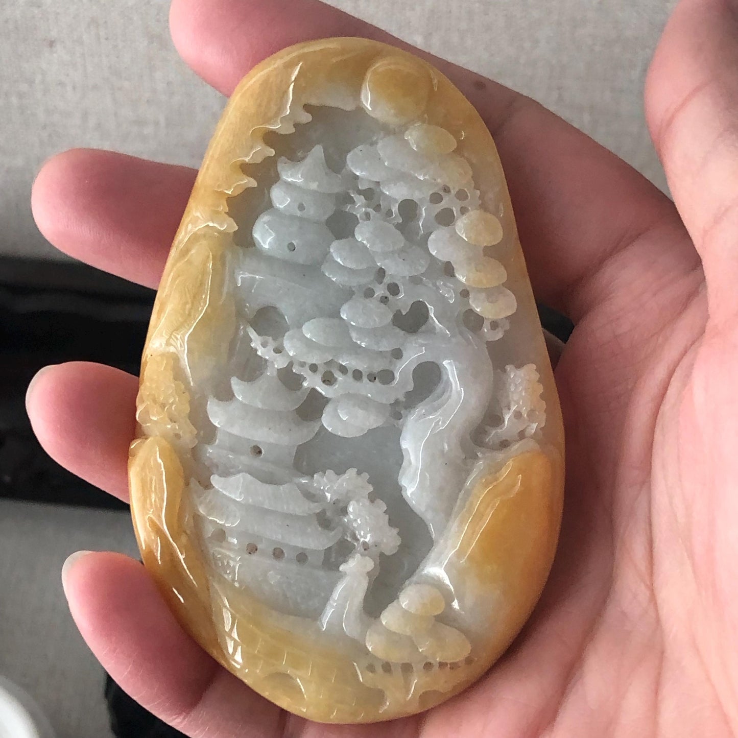 80.3mm Yellow Jadeite Jade Carved Landscape Statue Display