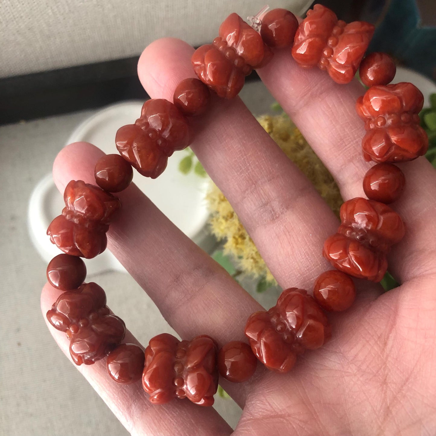 13.6mm Red Brown Glossy Carved Dual Flower Buds Jadeite Jade Bead Bracelet
