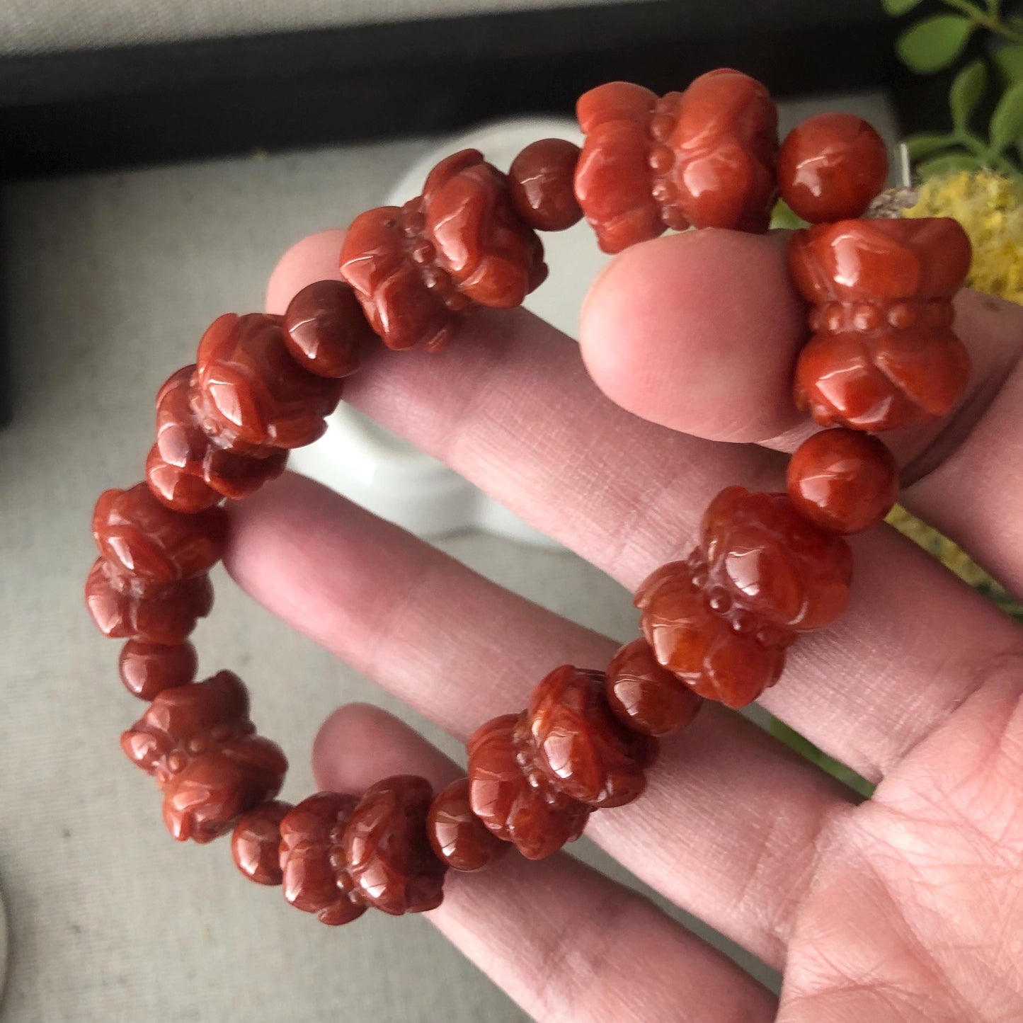 13.6mm Red Brown Glossy Carved Dual Flower Buds Jadeite Jade Bead Bracelet