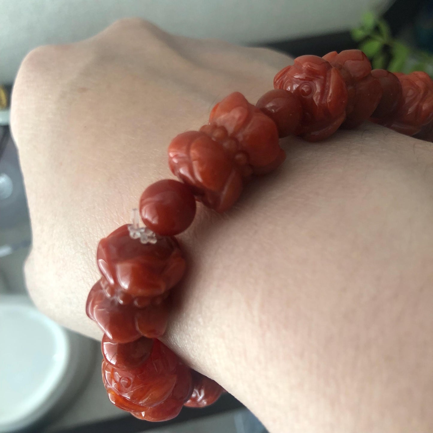 13.6mm Red Brown Glossy Carved Dual Flower Buds Jadeite Jade Bead Bracelet