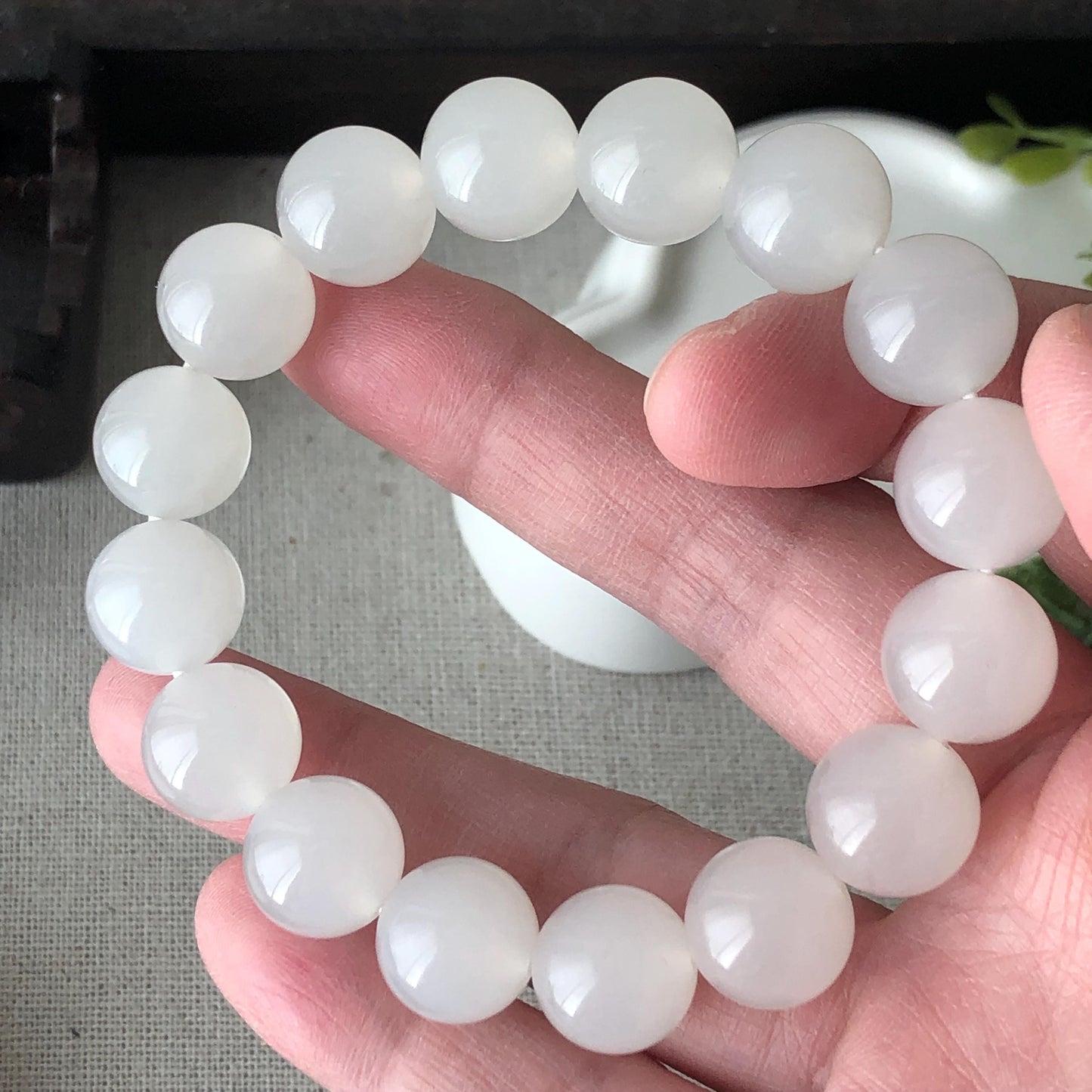12mm High Icy Hetian Jade Bead Bracelet