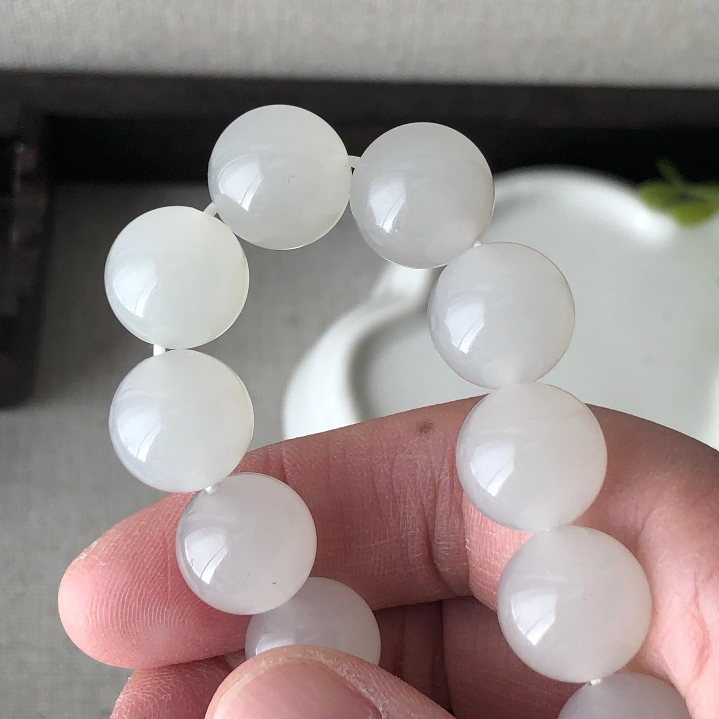 12mm High Icy Hetian Jade Bead Bracelet