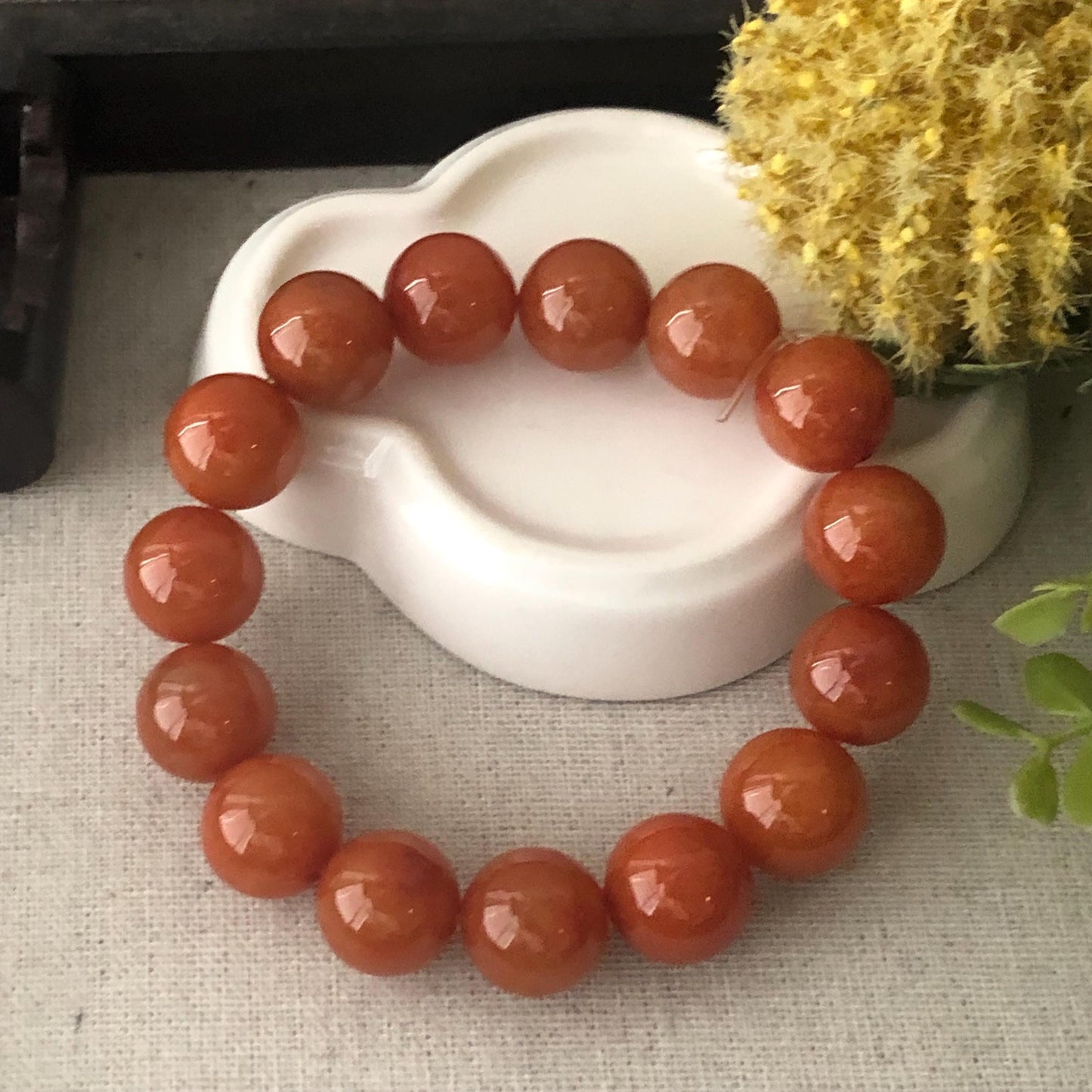 13.8-14.3mm Icy Glossy Natural Red Brown Jadeite Jade Round Bead Bracelet RARE