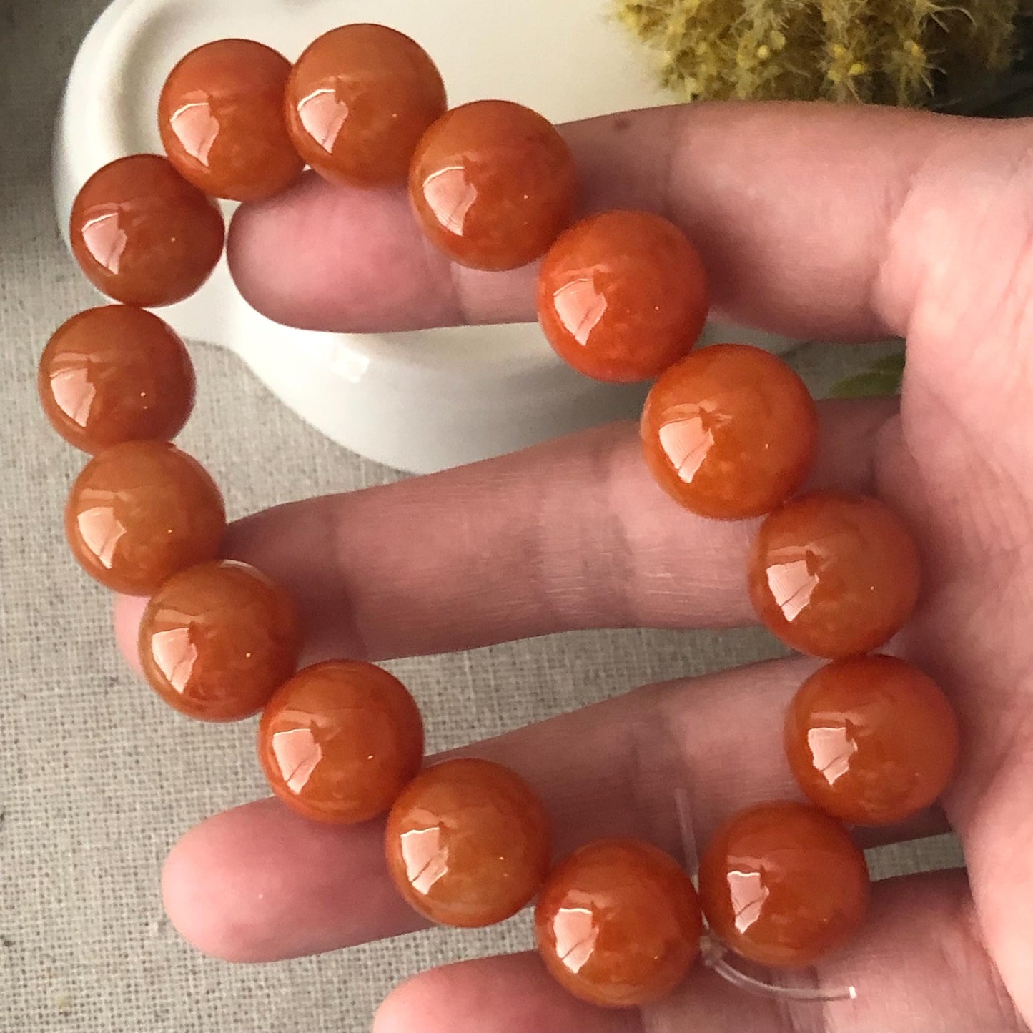 13.8-14.3mm Icy Glossy Natural Red Brown Jadeite Jade Round Bead Bracelet RARE