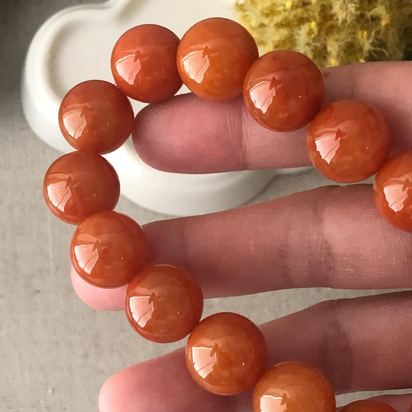 13.8-14.3mm Icy Glossy Natural Red Brown Jadeite Jade Round Bead Bracelet RARE