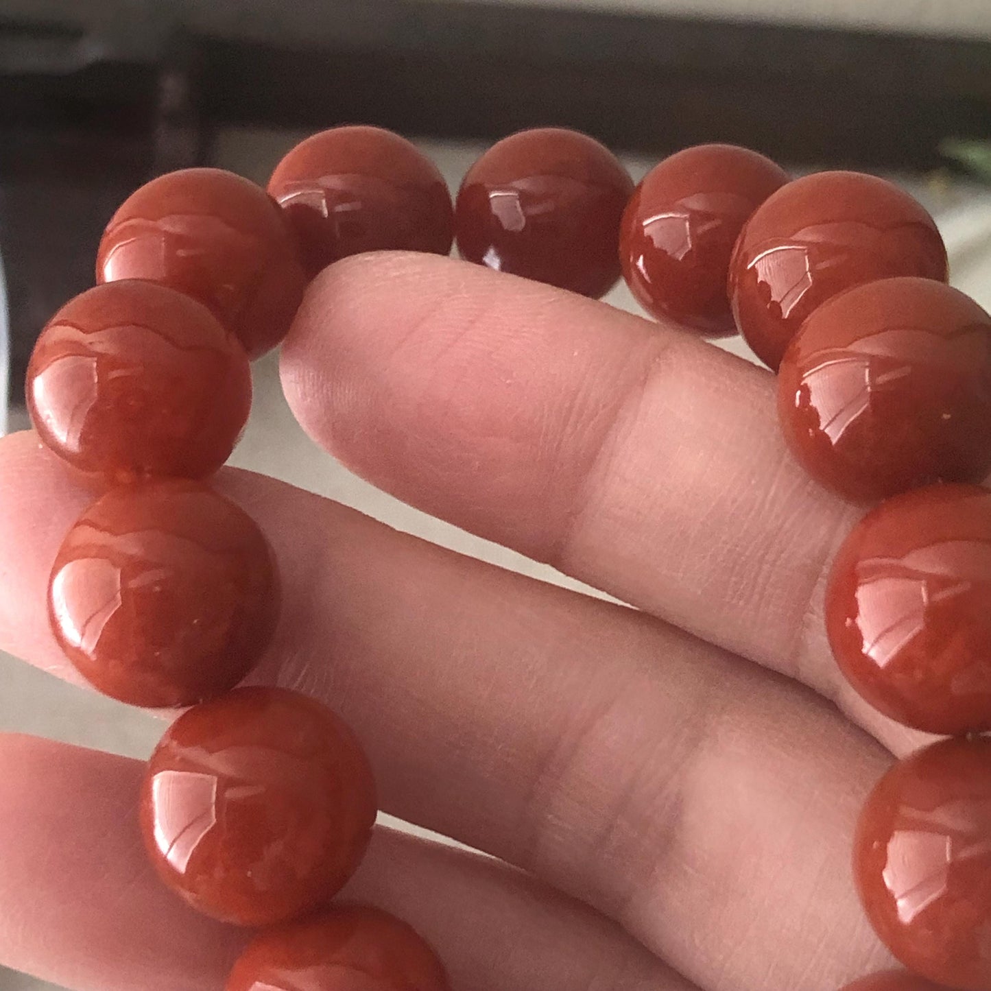 12.8mm Natural Red Brown Jadeite Jade Round Bead Bracelet