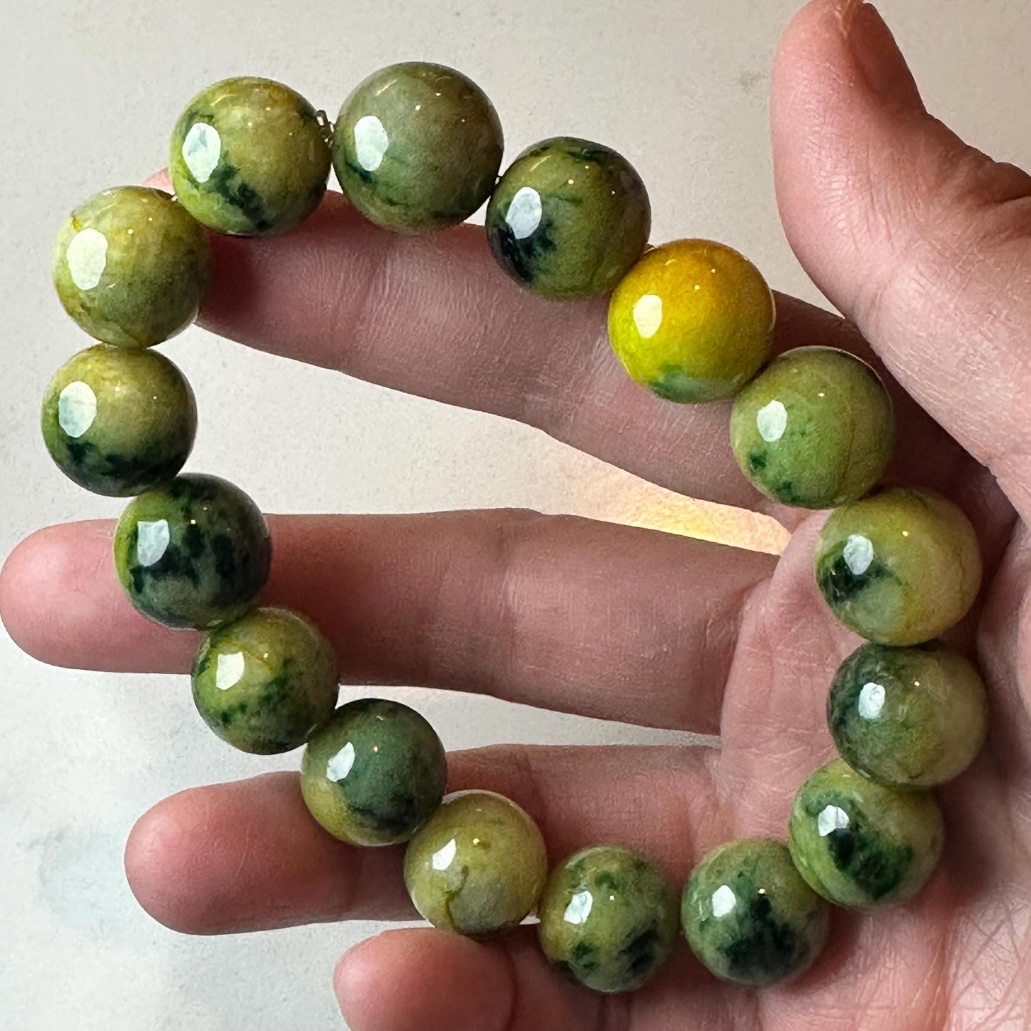 13.6mm Glossy Yellow Green Float Flowers Jadeite Jade Round Bead Bracelet RARE