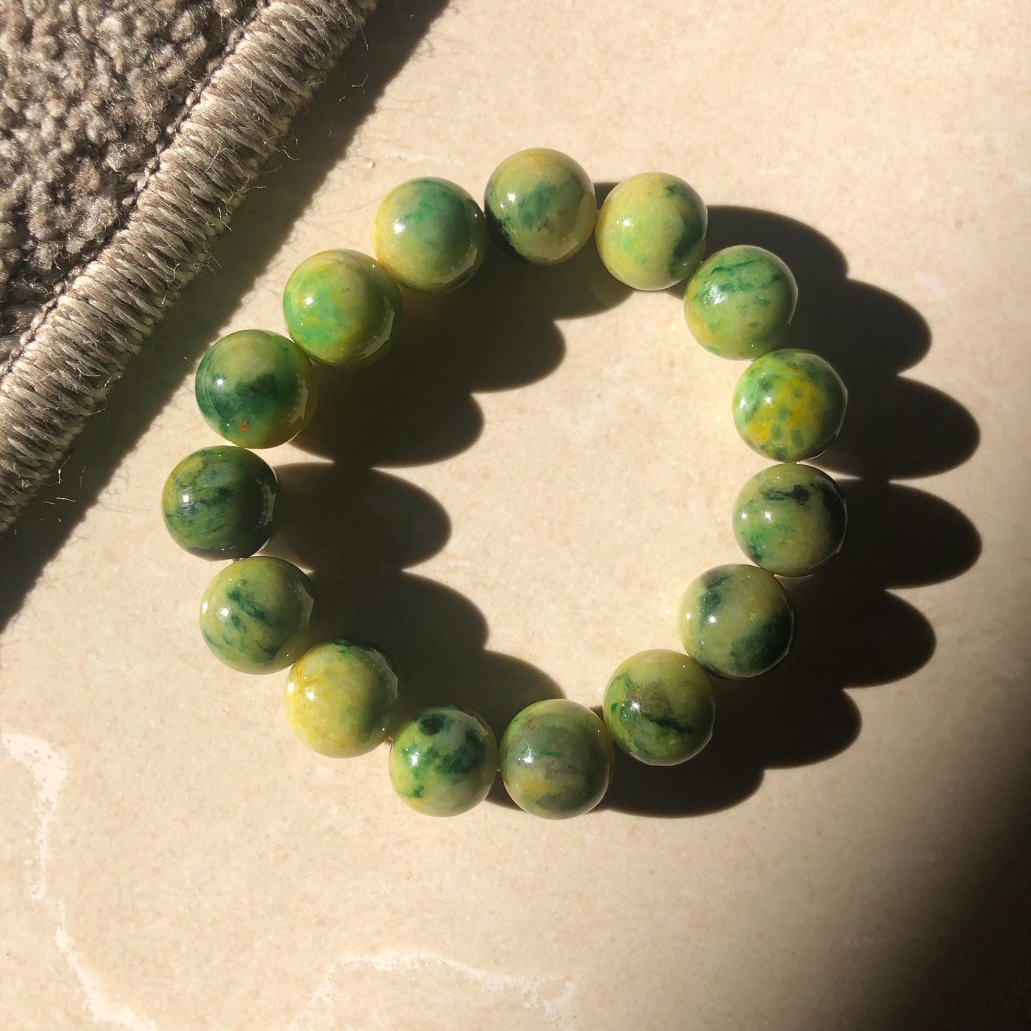 14.3mm Yellow Green Gradient Jade Jadeite Bead Bracelet