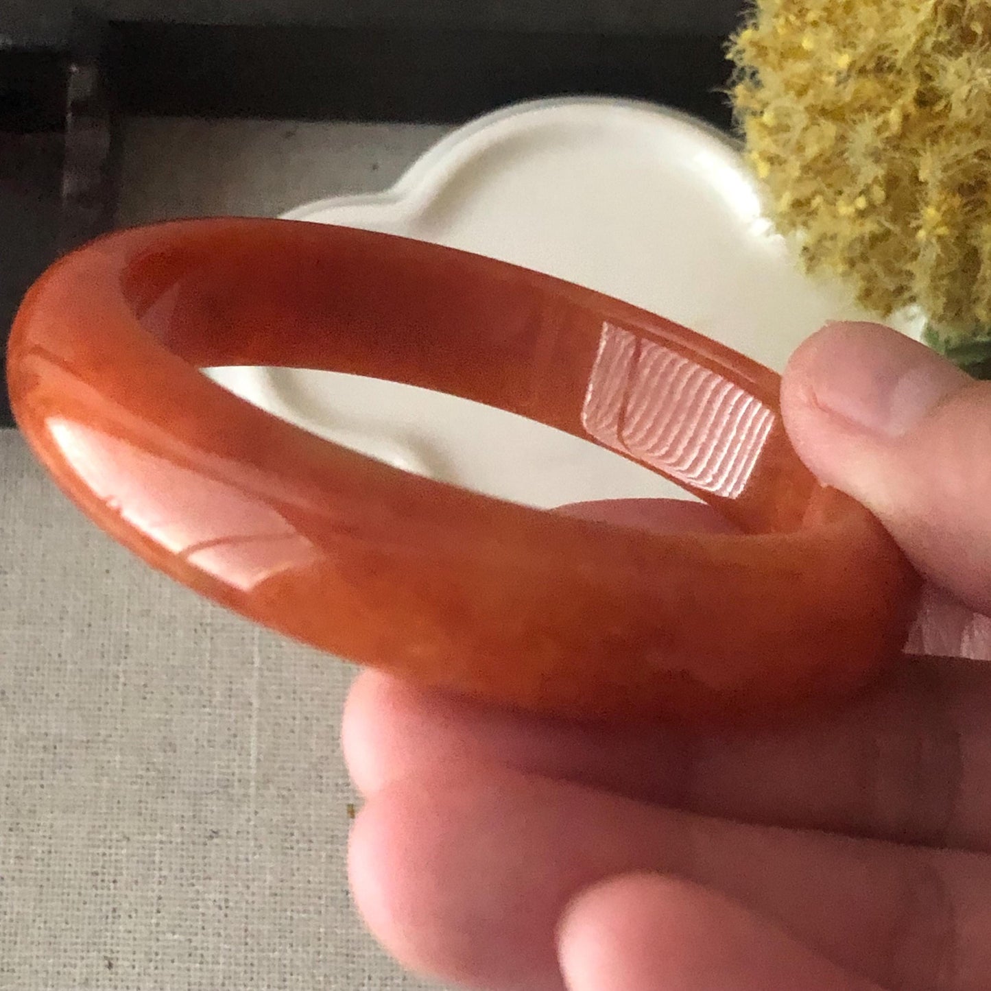 57.5mm Red Orange Jadeite Jade D-shaped carved Bangle