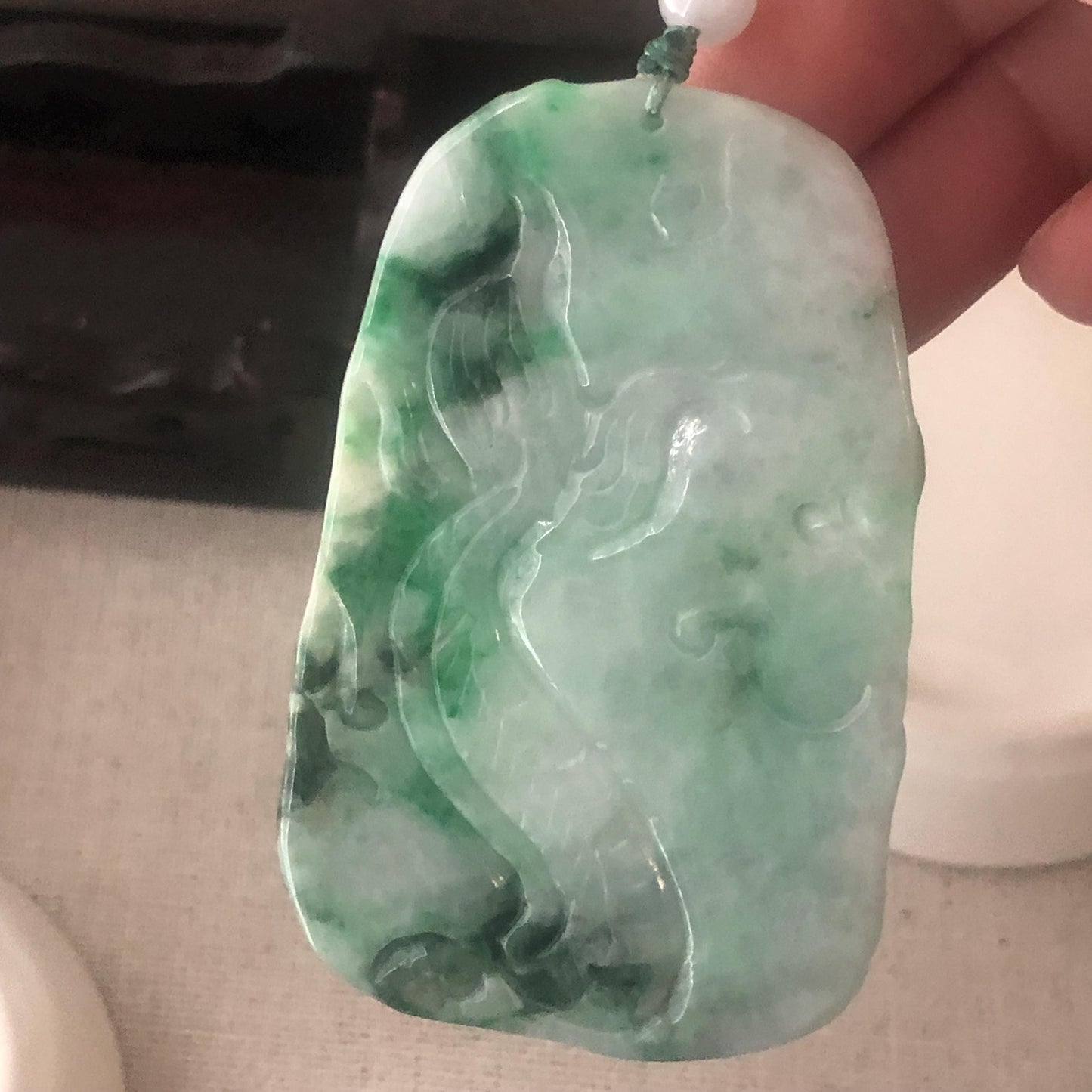 65mm Jadeite Jade Green Float Flowers Carved Dragon Pendant