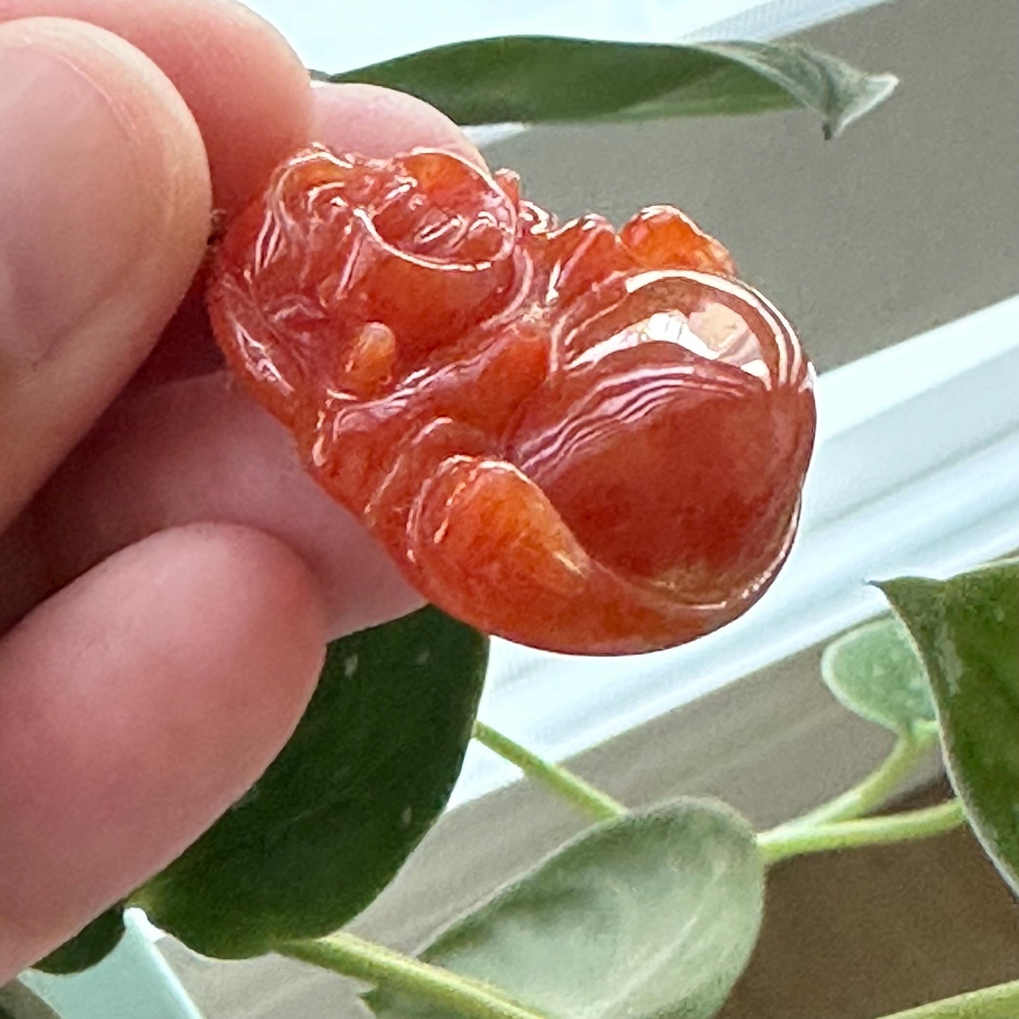 18K gold 35 mm Reddish Orange Jadeite Jade Carved Happy Buddha Pendant
