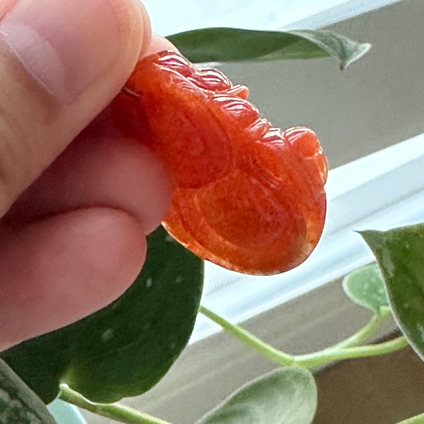 18K gold 35 mm Reddish Orange Jadeite Jade Carved Happy Buddha Pendant