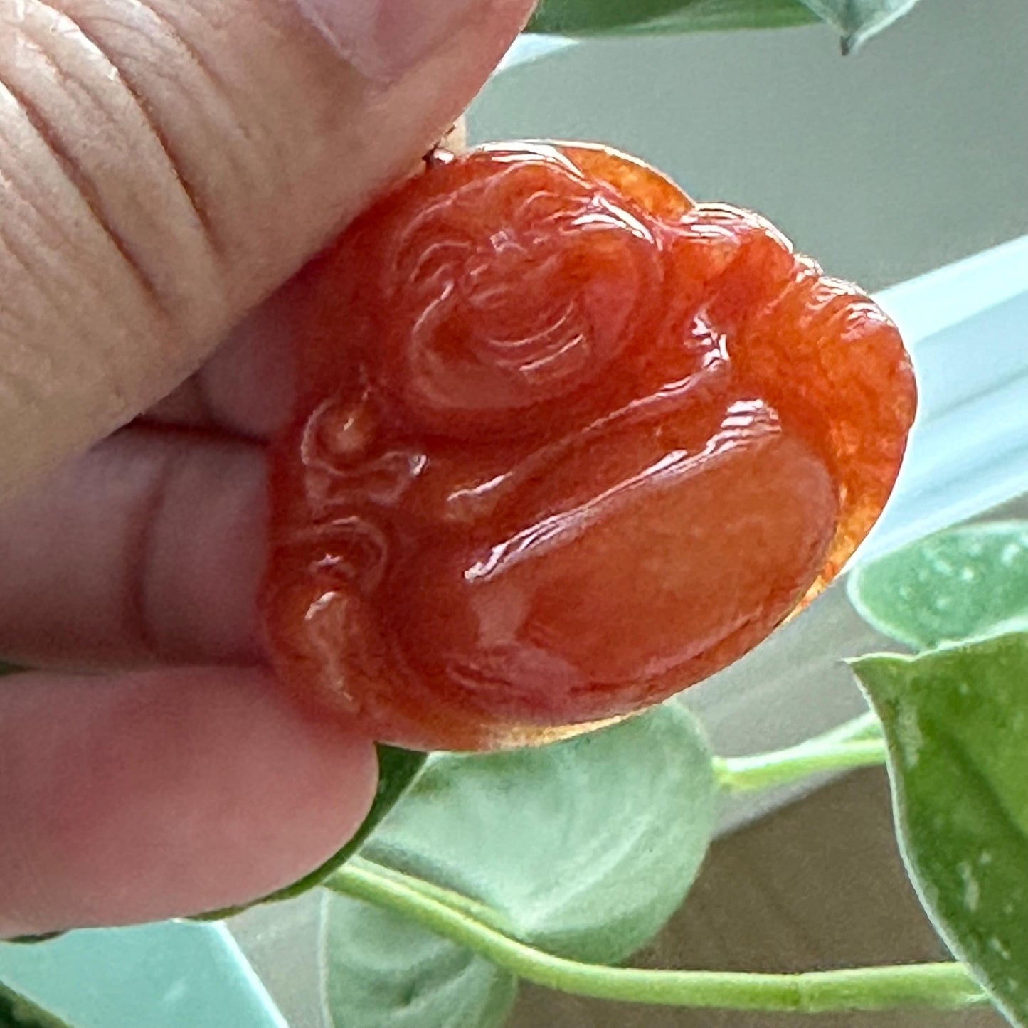 18K gold 35 mm Reddish Orange Jadeite Jade Carved Happy Buddha Pendant
