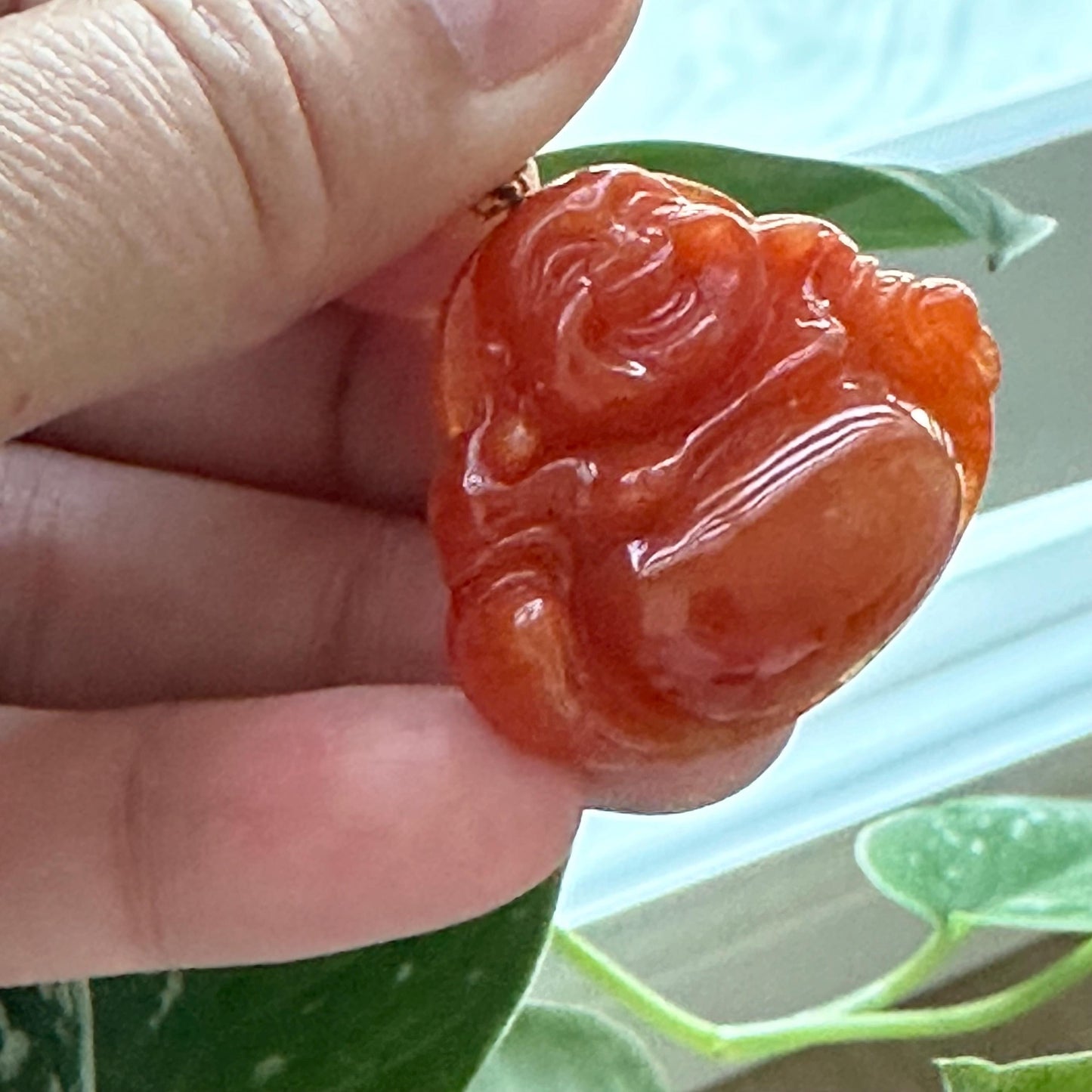 18K gold 35 mm Reddish Orange Jadeite Jade Carved Happy Buddha Pendant