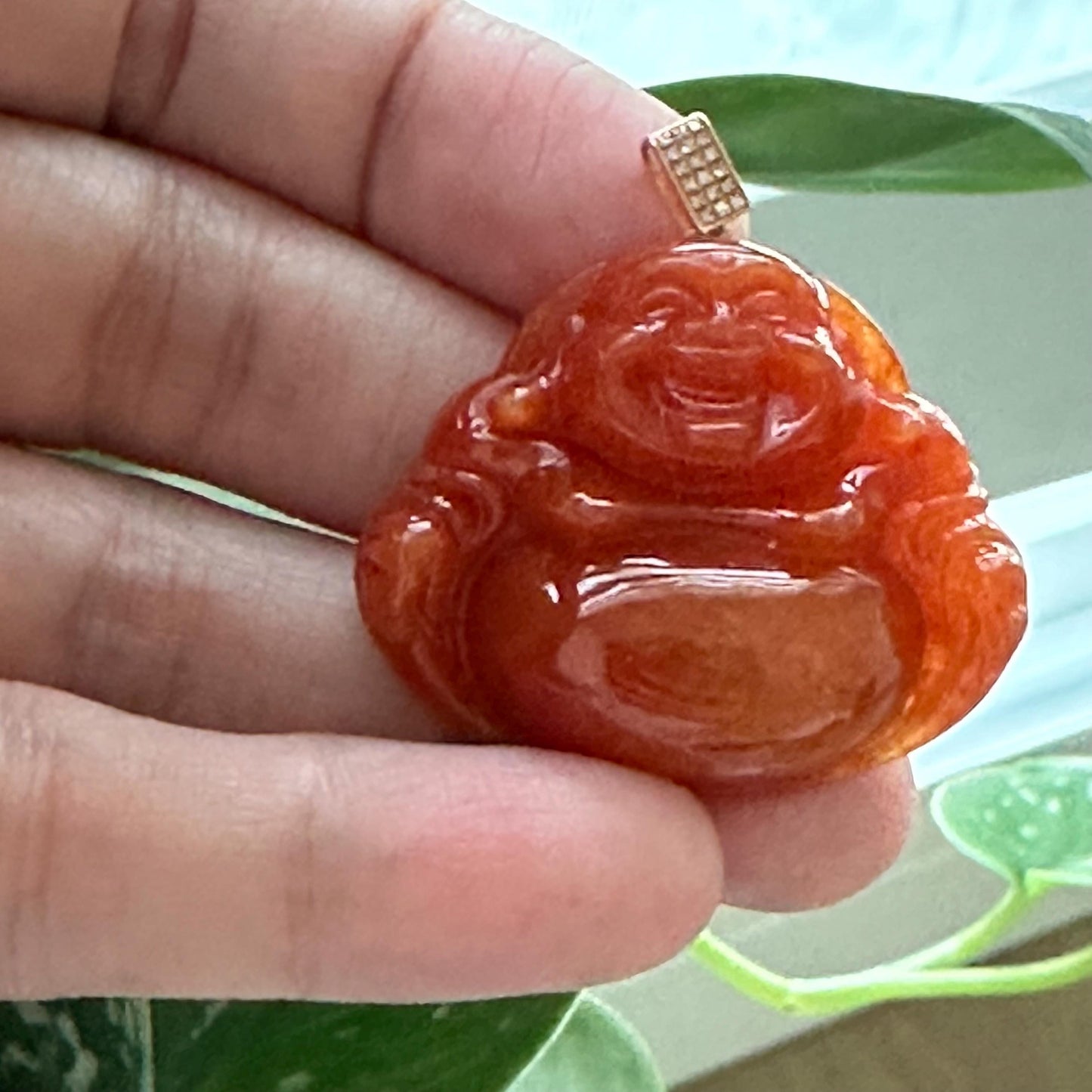 18K gold 35 mm Reddish Orange Jadeite Jade Carved Happy Buddha Pendant