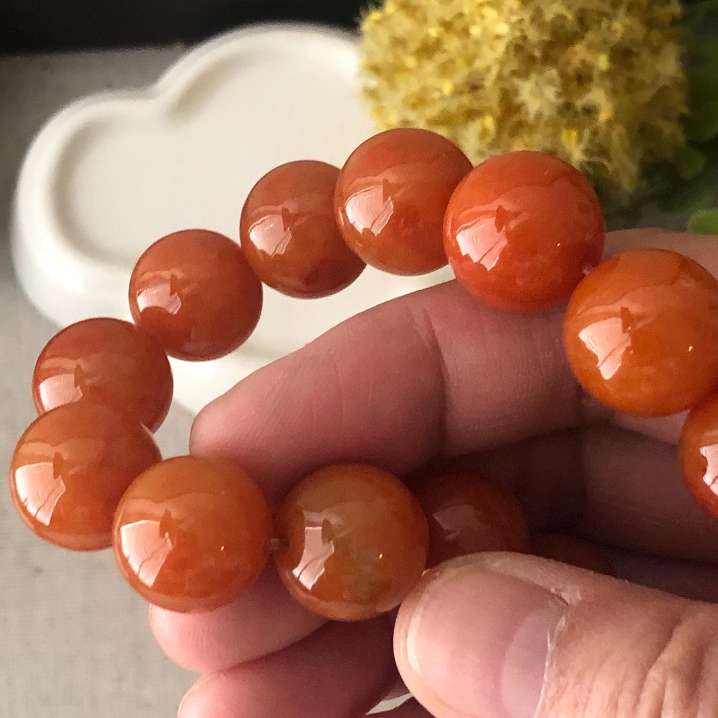 13.8-14.3mm Icy Glossy Natural Red Brown Jadeite Jade Round Bead Bracelet RARE