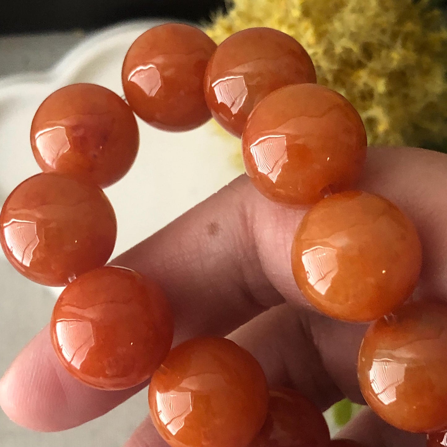 13.8-14.3mm Icy Glossy Natural Red Brown Jadeite Jade Round Bead Bracelet RARE