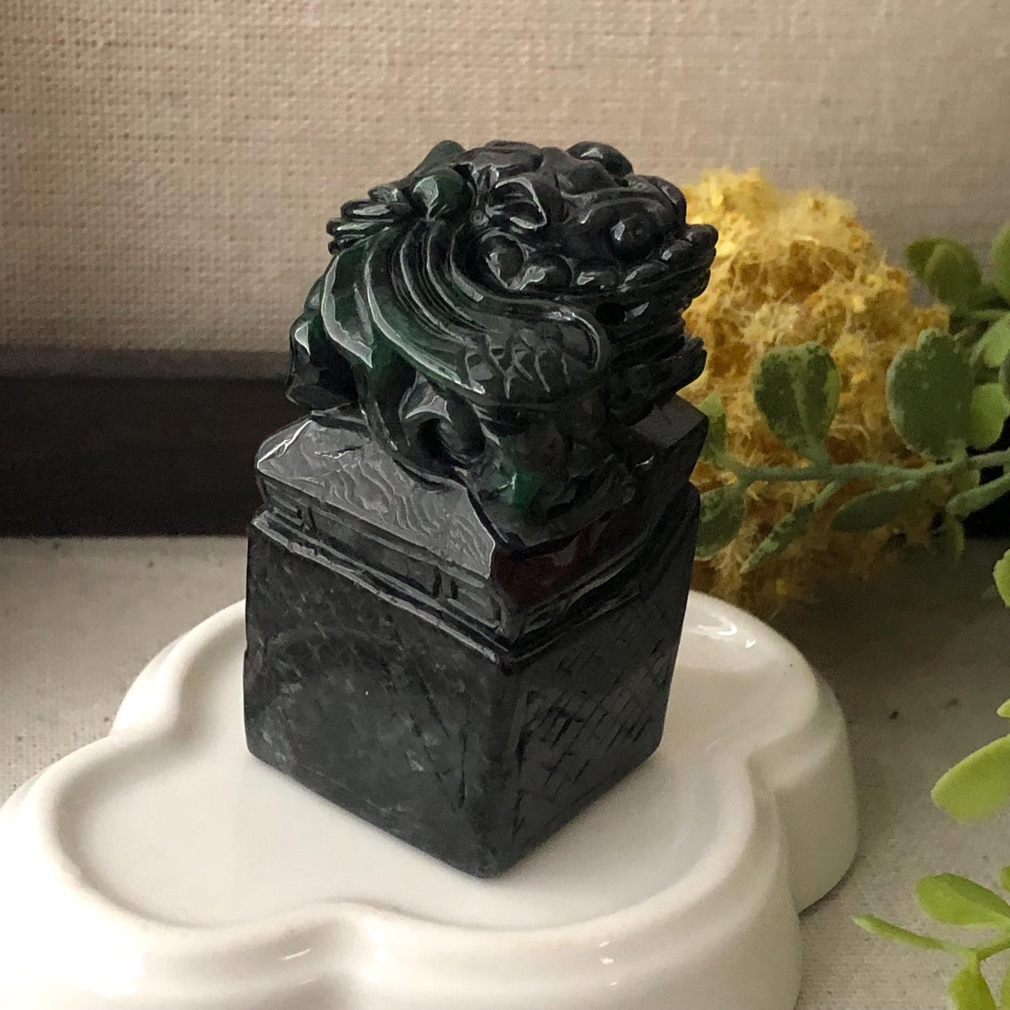 56.3mm Wuji Green Black Jadeite Jade Carved Dragon Statue Display RARE