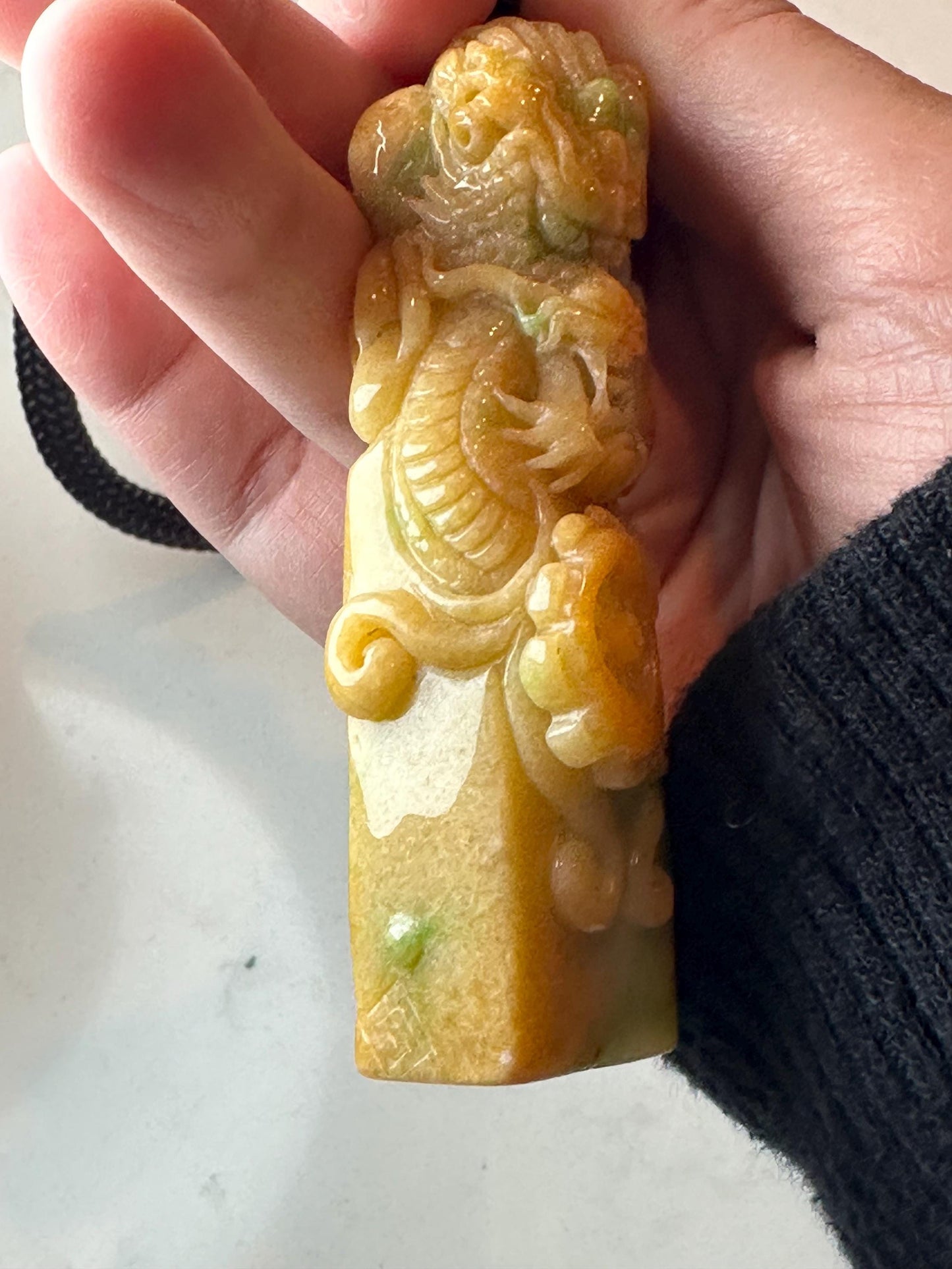82mm Yellow Green Jadeite Jade Carved Dragon Landscape Statue Display Stamp