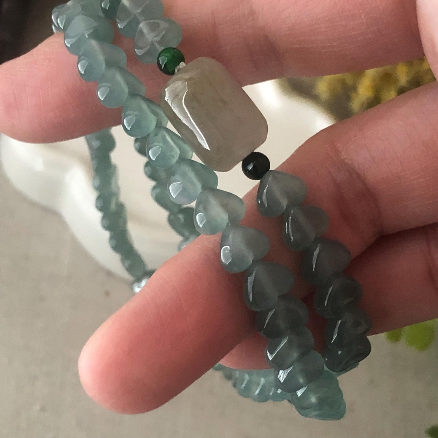 7.1 mm High Icy Blue Glossy Heart Shaped Jade Bead Bracelet