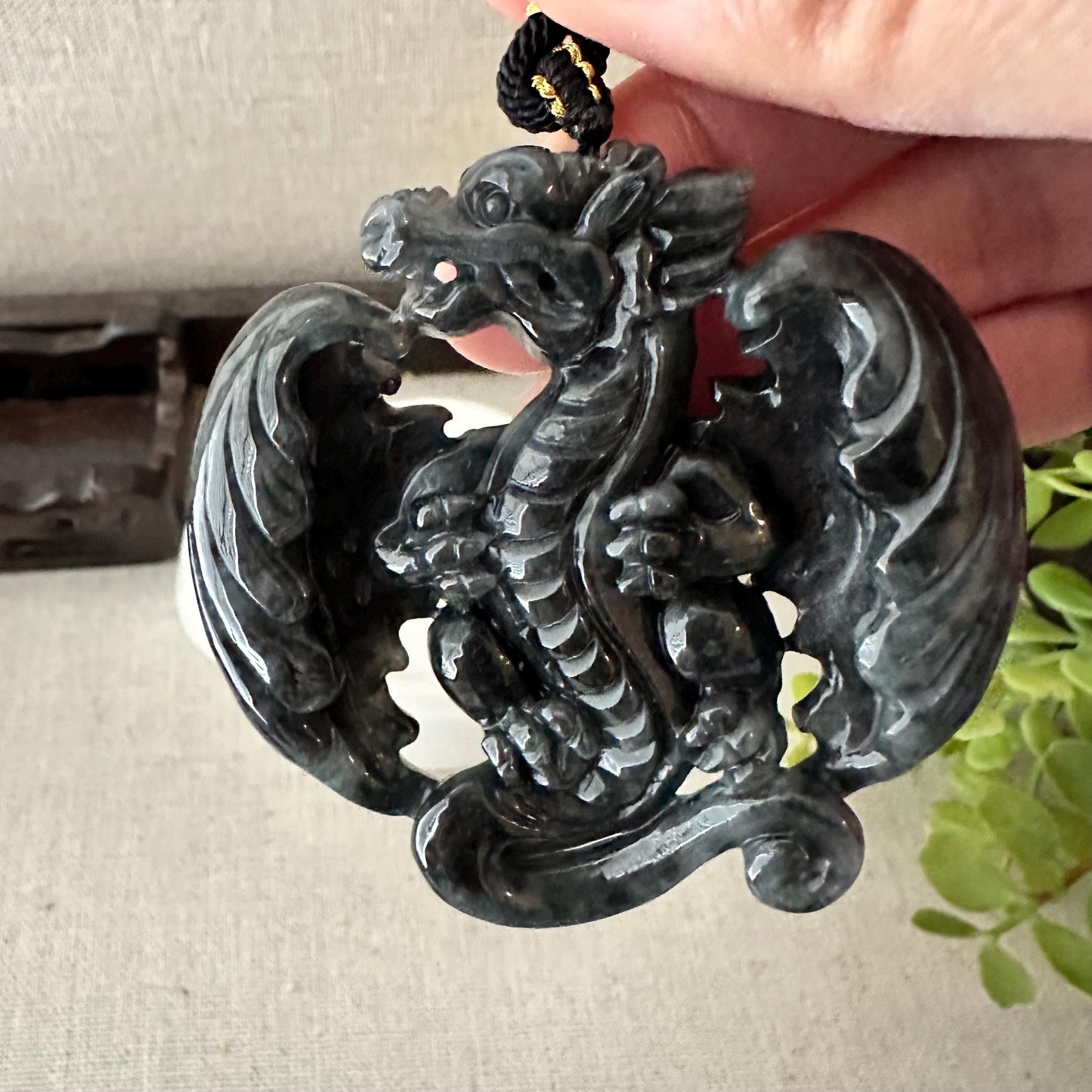 60mm Jadeite Jade Wuji Grey Carved Dragon with Wings Pendant