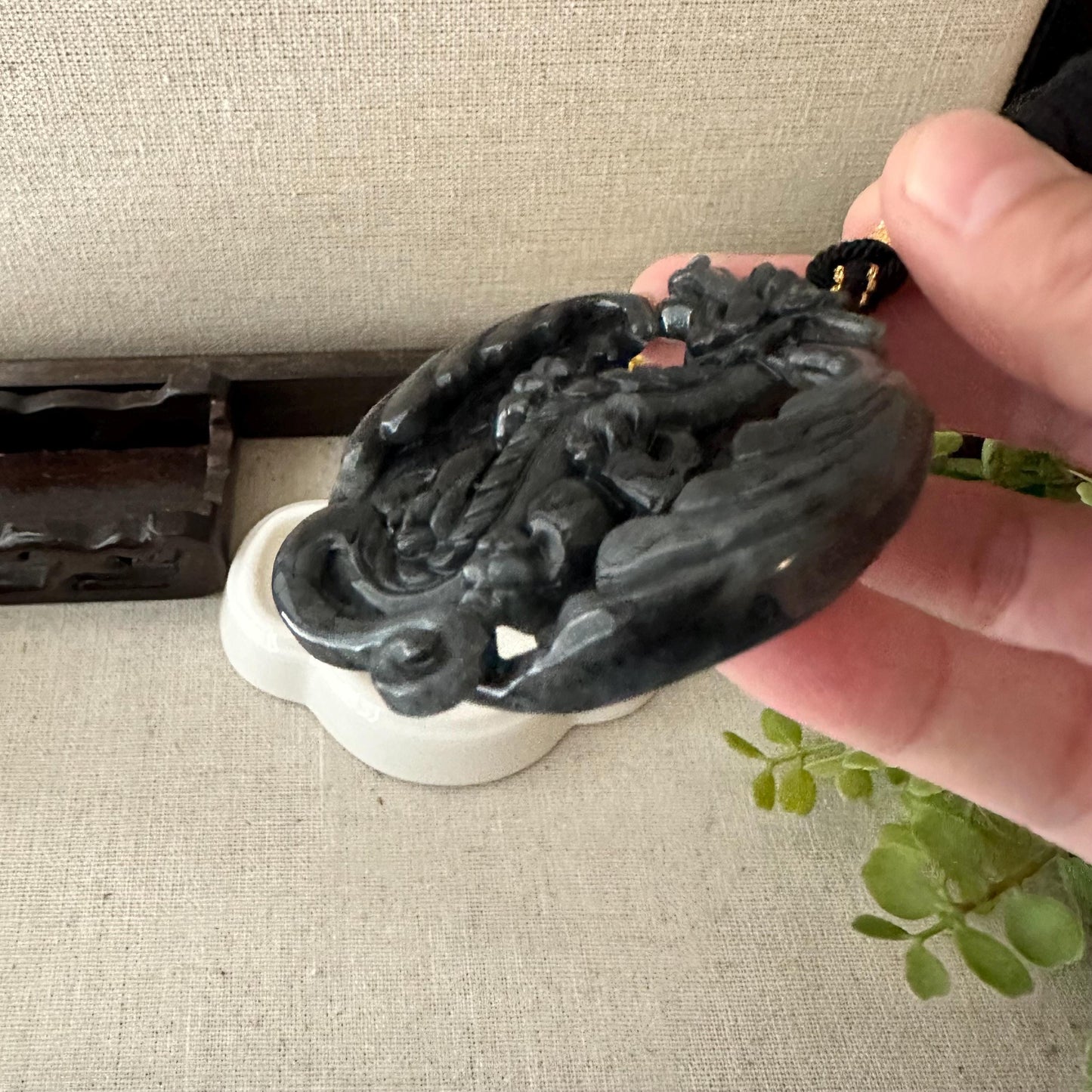 60mm Jadeite Jade Wuji Grey Carved Dragon with Wings Pendant