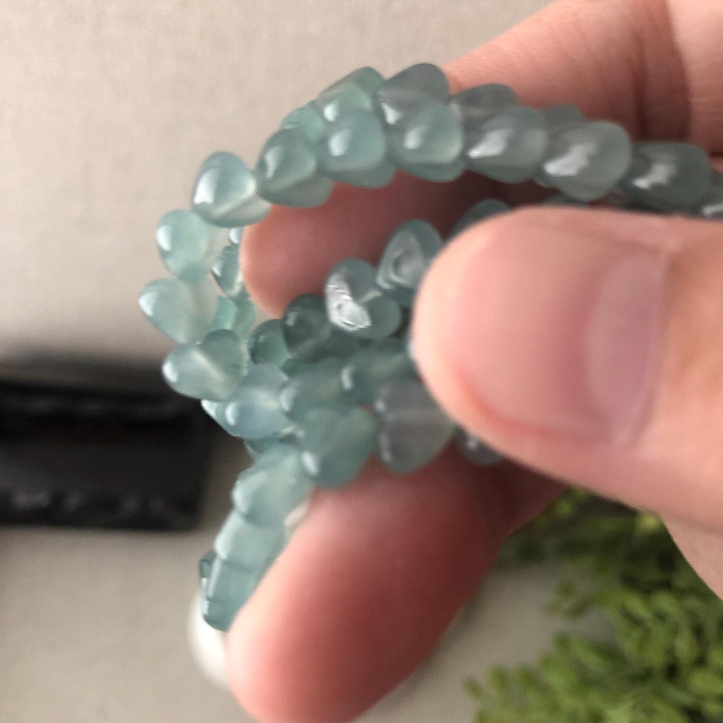 7.1 mm High Icy Blue Glossy Heart Shaped Jade Bead Bracelet Necklace