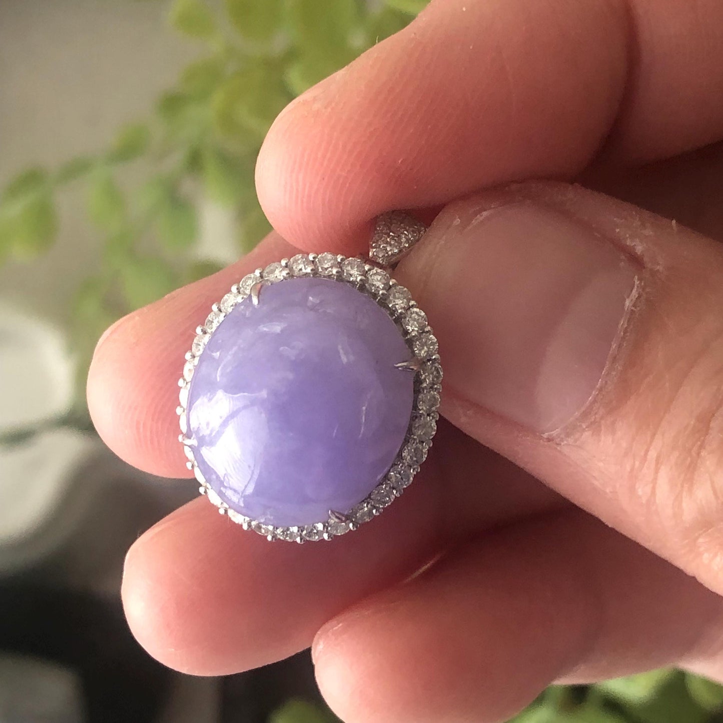 18K White Gold Lavender Pink Jadeite Jade Carved Pixiu Pendant Ring Diamonds Duo Combination