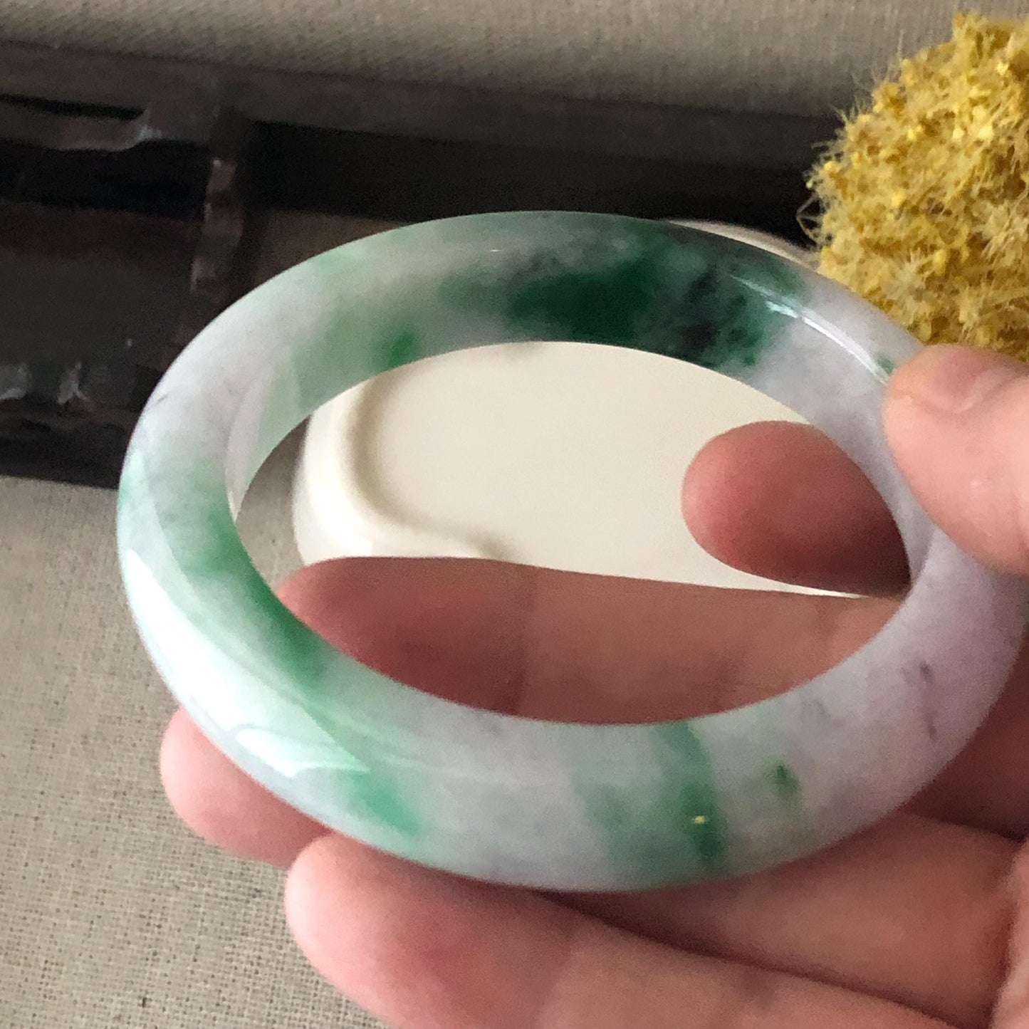 57 mm Icy Green Wuji Float Flowers Jadeite Jade D Shaped Bangle