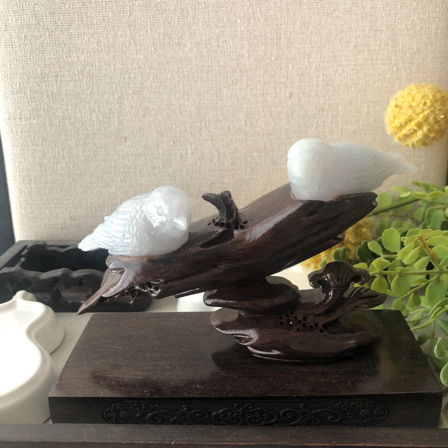 62mm Icy Glossy Jadeite Jade Carved Double Birds Statue Display