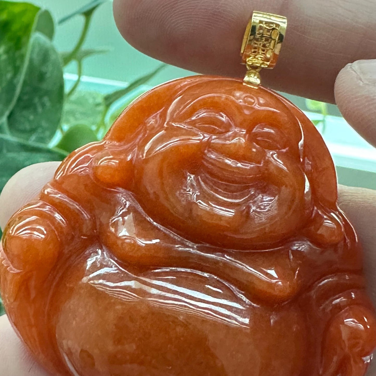 18K gold 53.5 mm BIG Reddish Orange Jadeite Jade Carved Happy Buddha Pendant