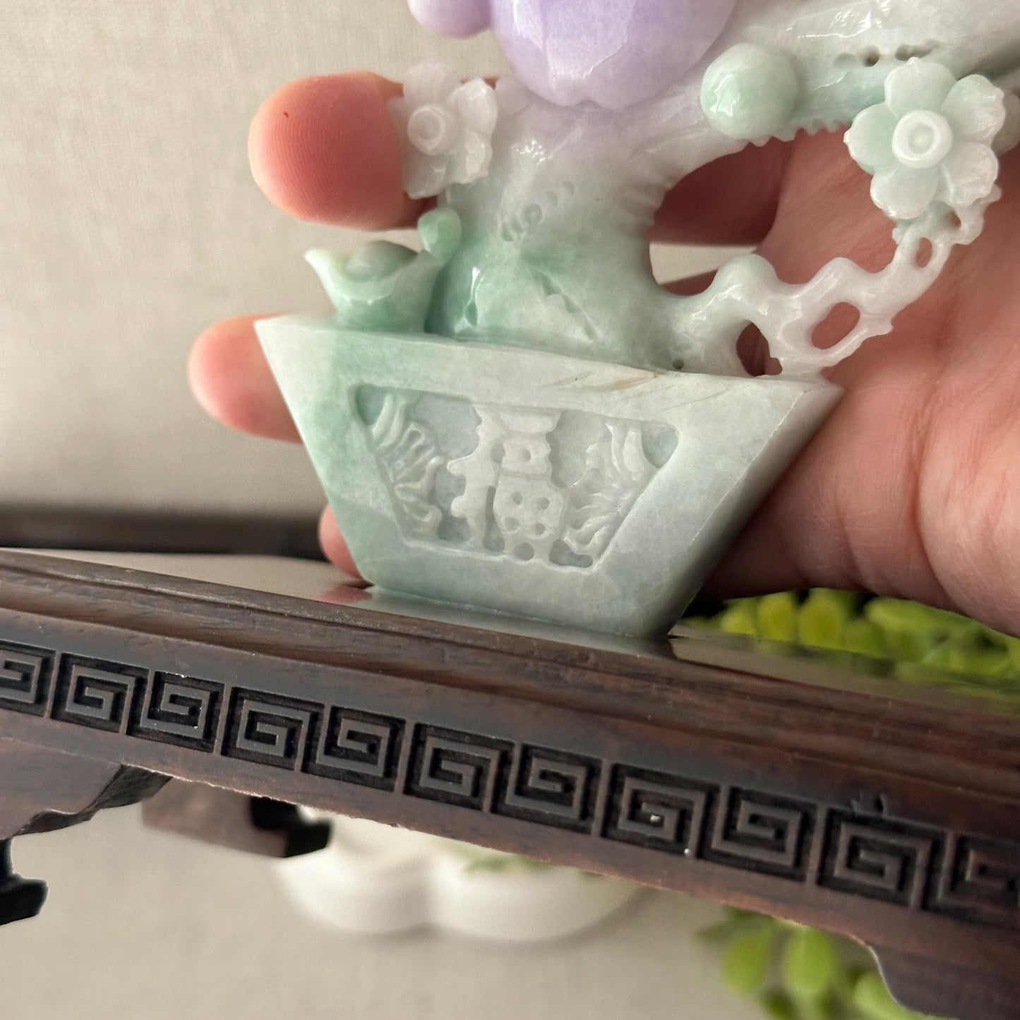 120mm Light Lavender Green White Jadeite Jade Carved Apple Tree Statue Display