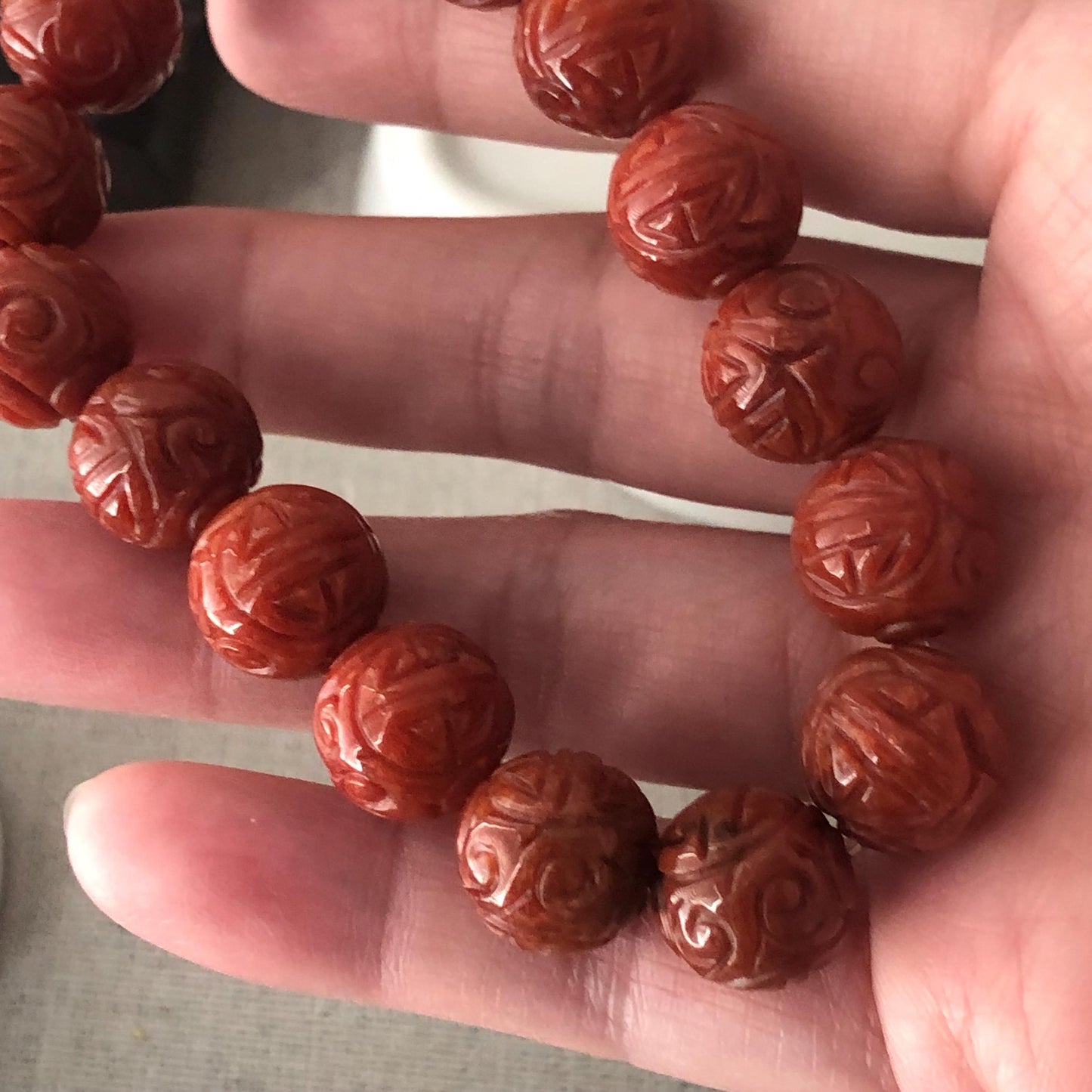 12.3mm Red Brown Glossy Carved Asian Pattern Jadeite Jade Bead Bracelet