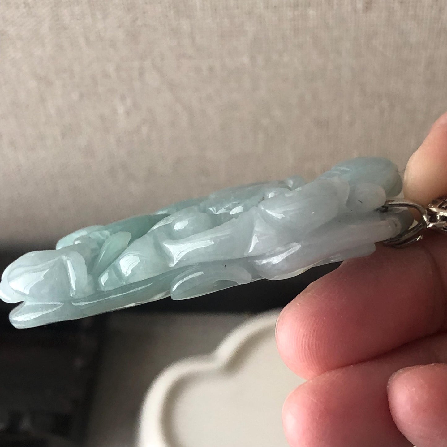 57.5mm Glossy Green Jadeite Jade Ruyi Carved Fishes Pendant