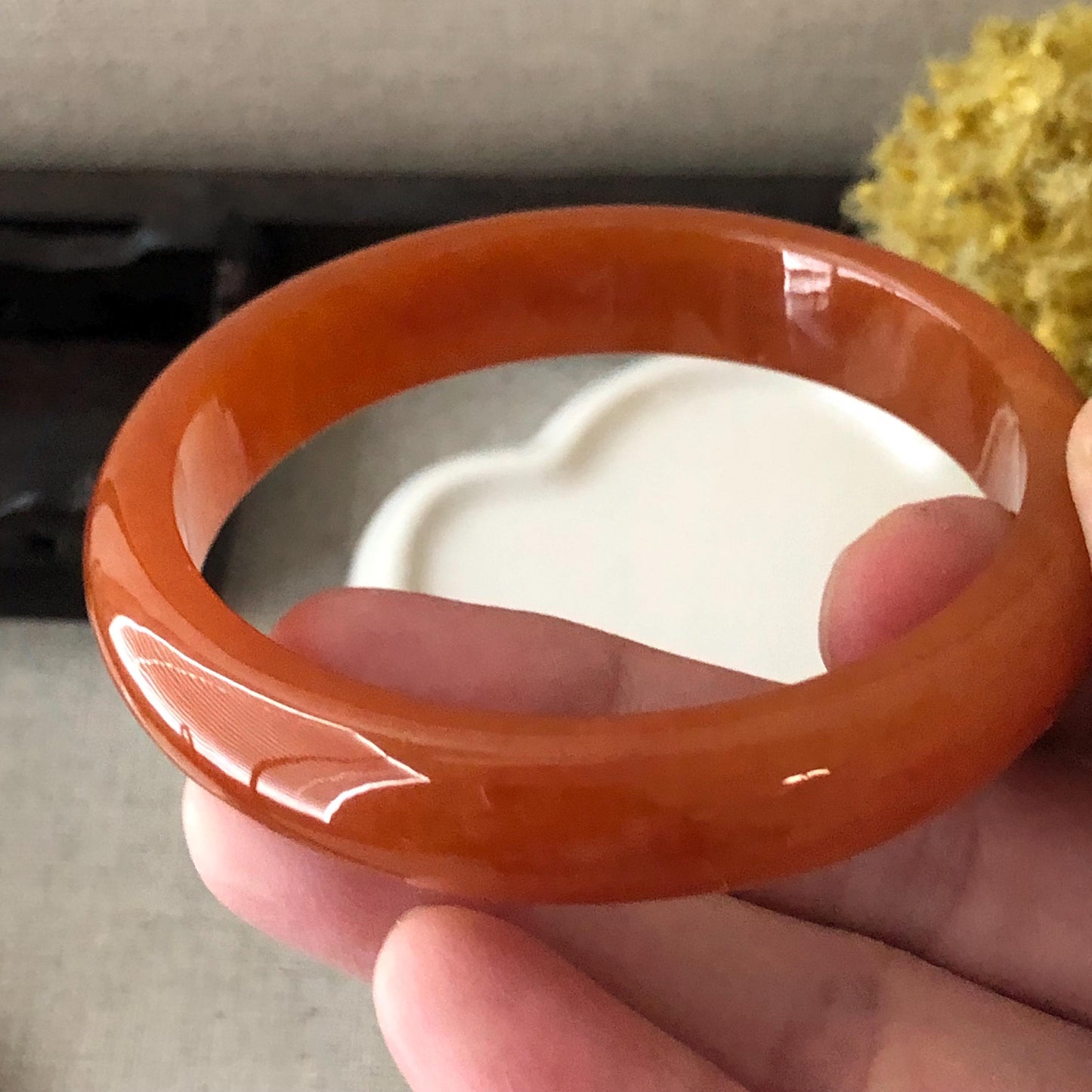 56.6mm Icy Red Orange Jadeite Jade D-shaped Bangle RARE