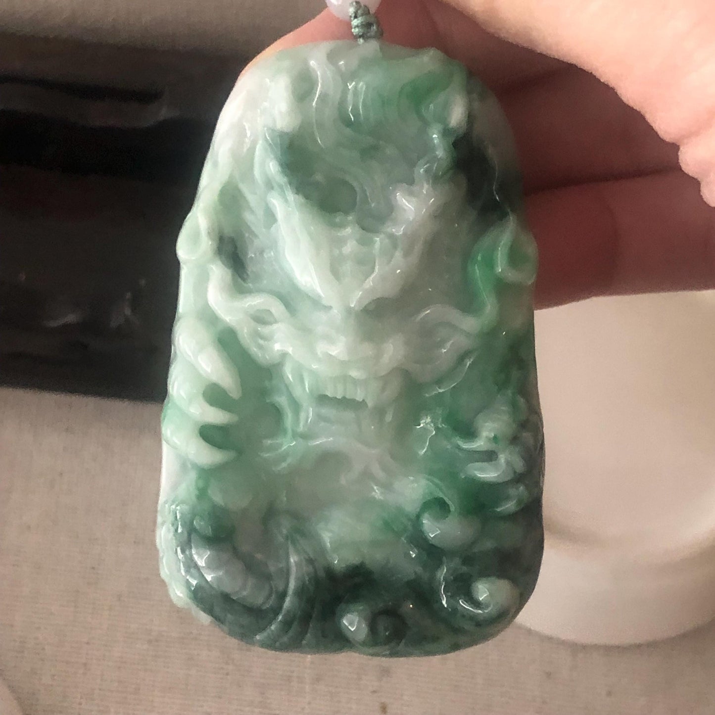 65mm Jadeite Jade Green Float Flowers Carved Dragon Pendant