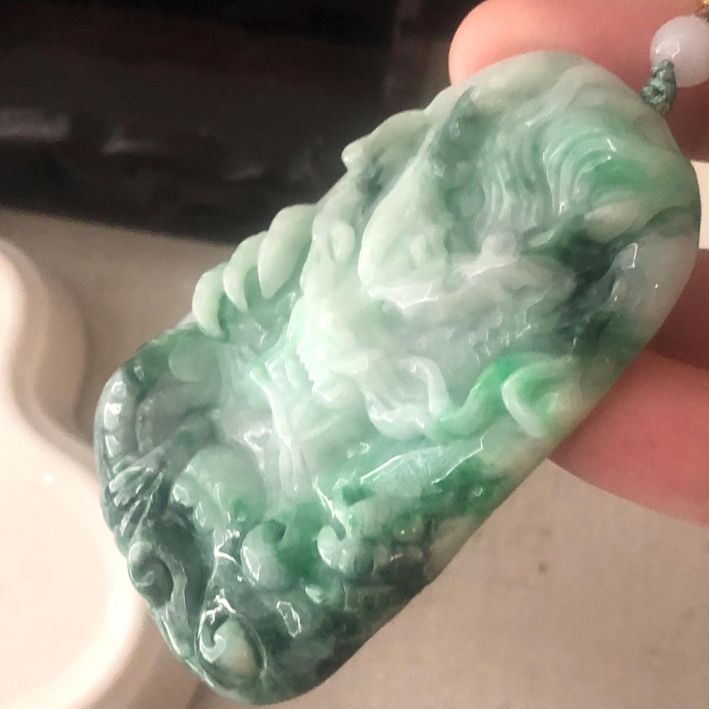 65mm Jadeite Jade Green Float Flowers Carved Dragon Pendant