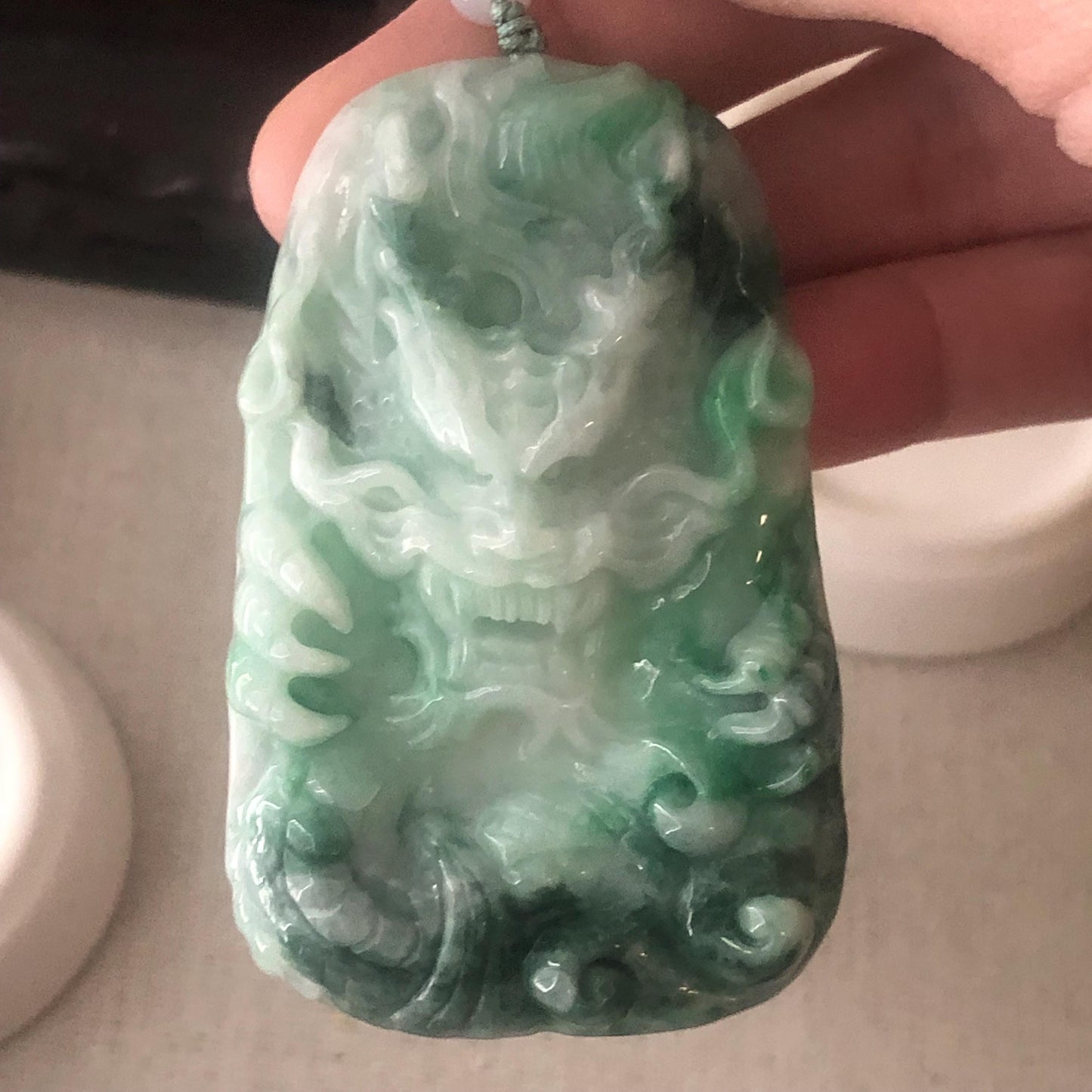 65mm Jadeite Jade Green Float Flowers Carved Dragon Pendant