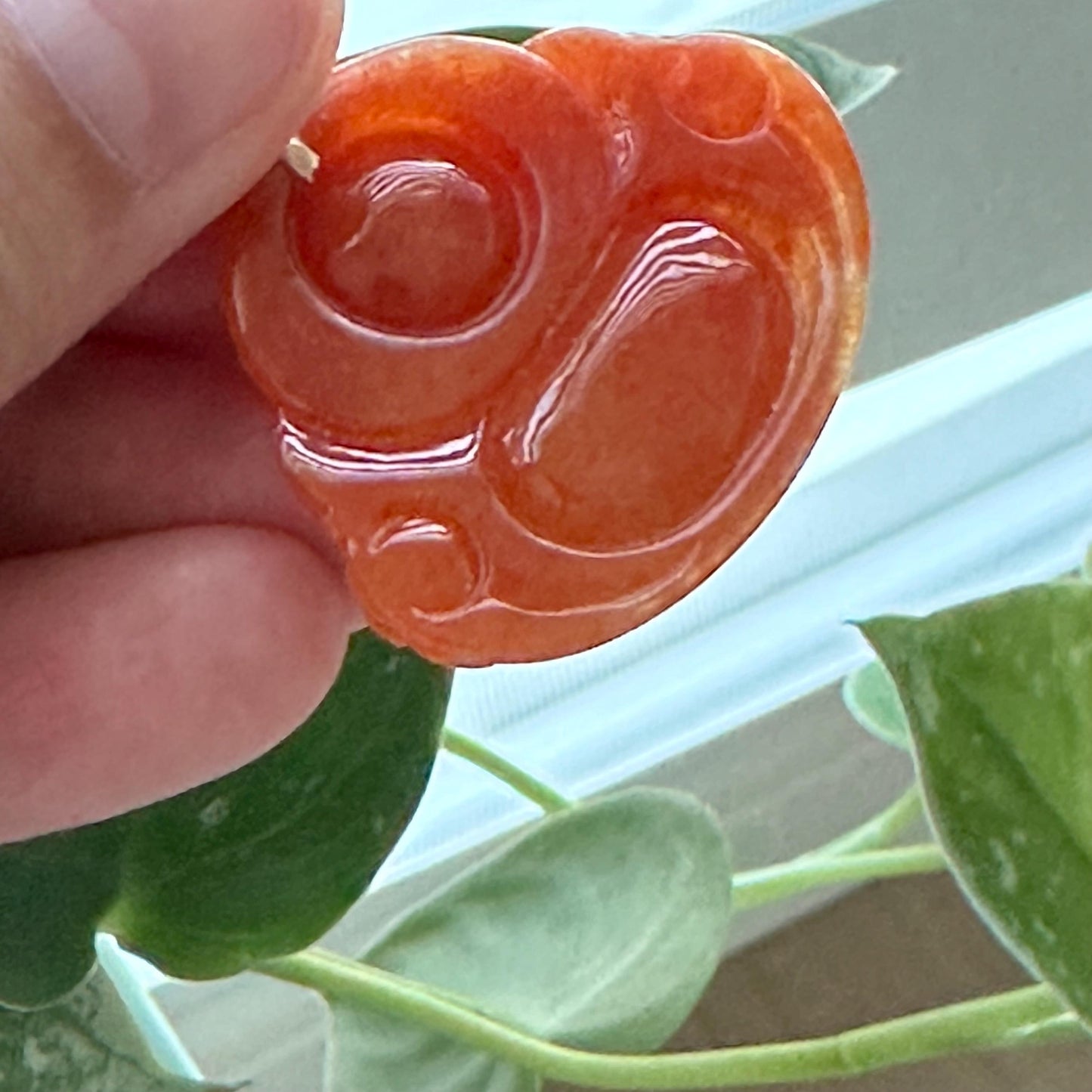 18K gold 35 mm Reddish Orange Jadeite Jade Carved Happy Buddha Pendant