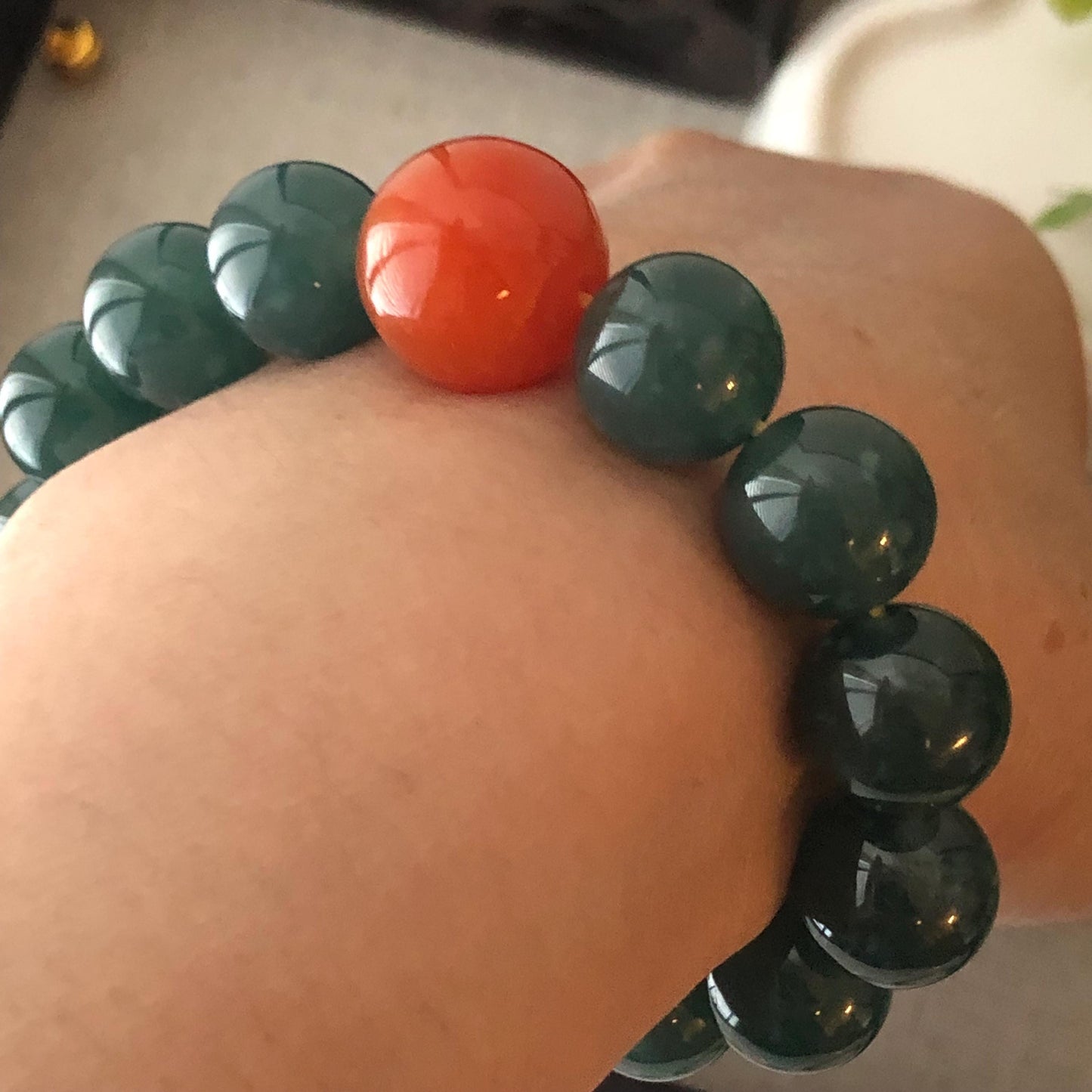 12.3mm Glossy Guatemalan Jade Jadeite Round Bead Bracelet