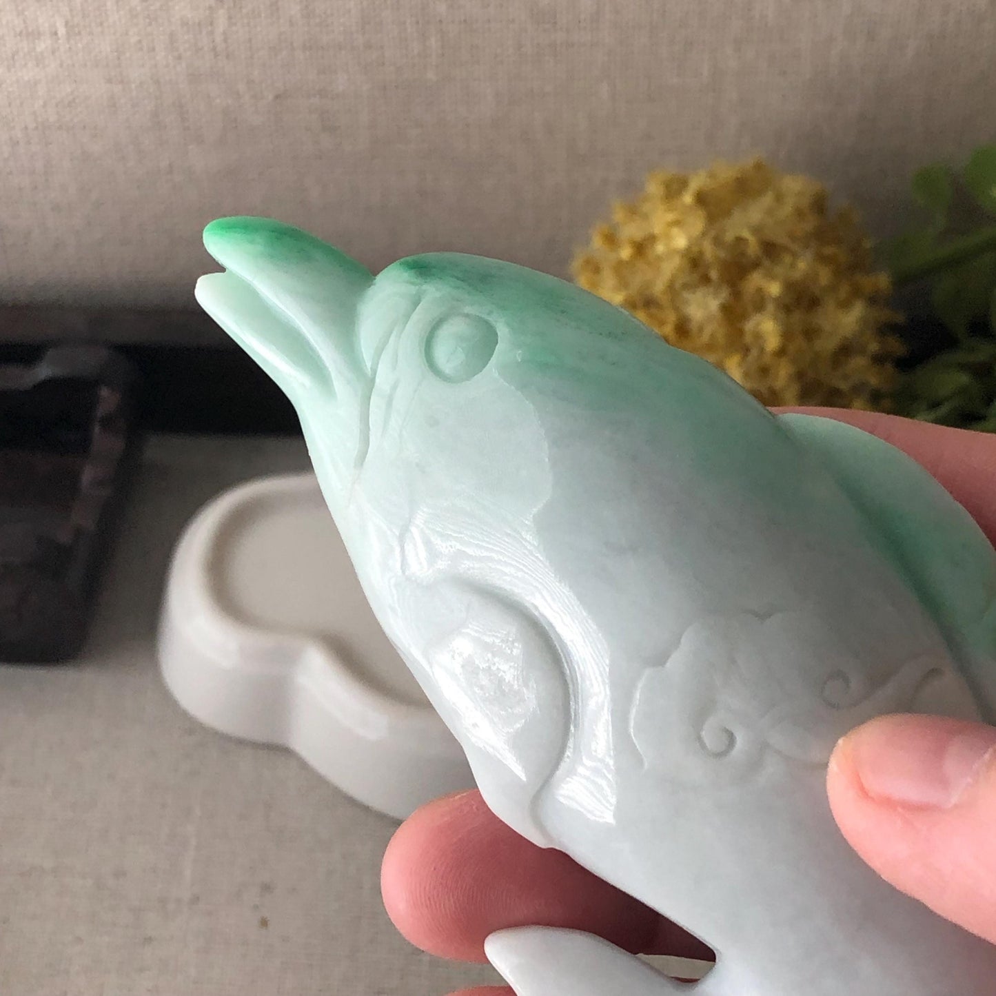 120mm Green Jadeite Jade Carved Dolphin Statue Display RARE