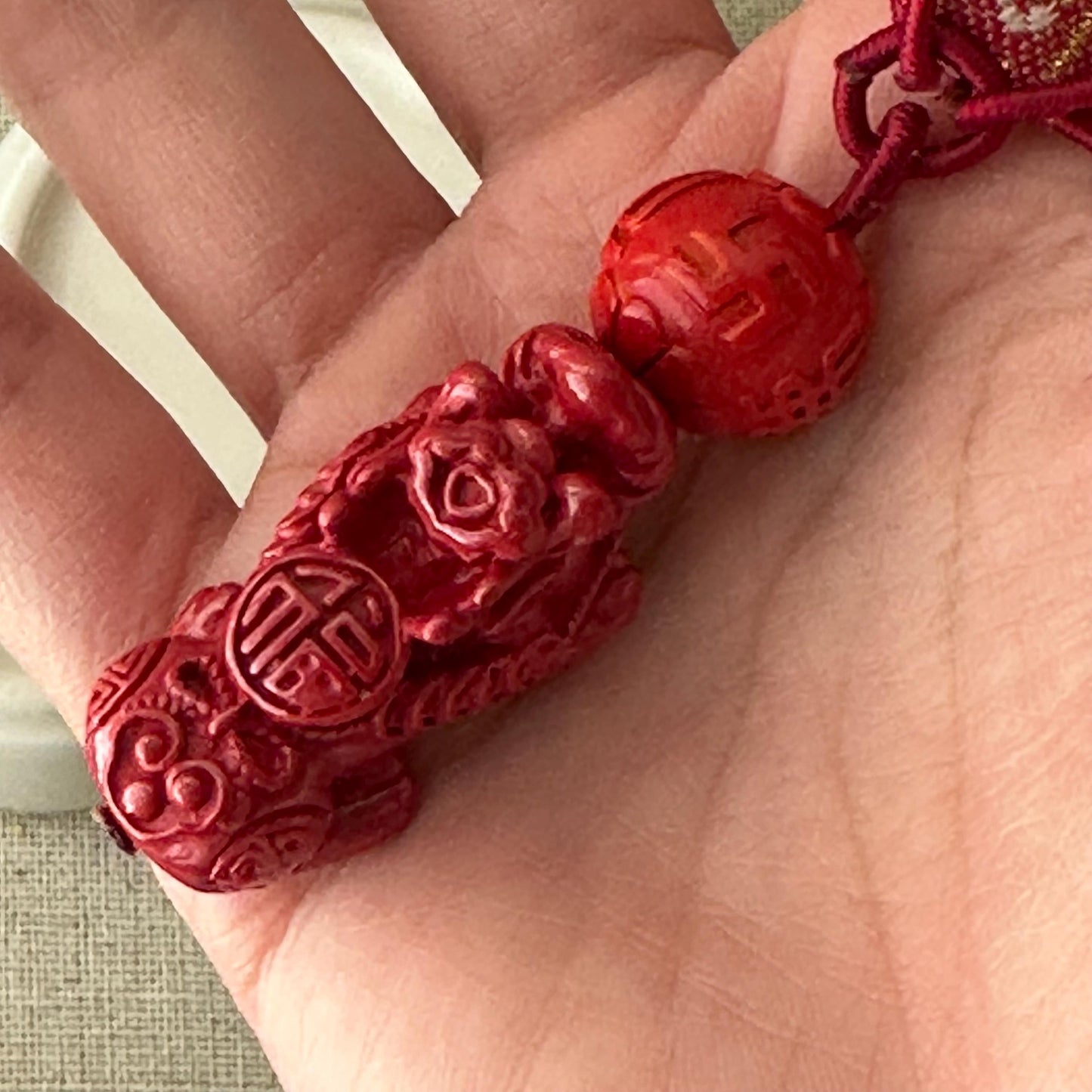 31 mm Cinnabar Carved Pixiu Carved Asian Character Key Charm Pendant