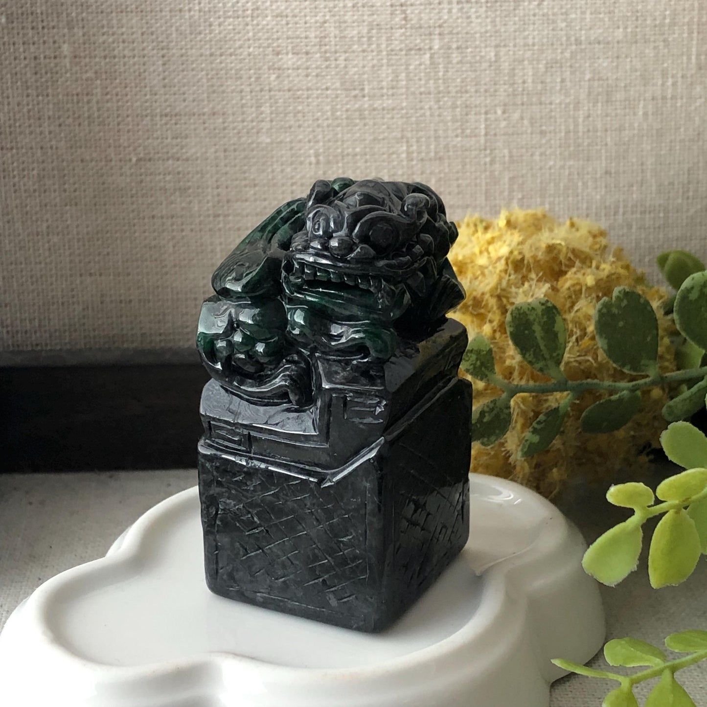 56.3mm Wuji Green Black Jadeite Jade Carved Dragon Statue Display RARE